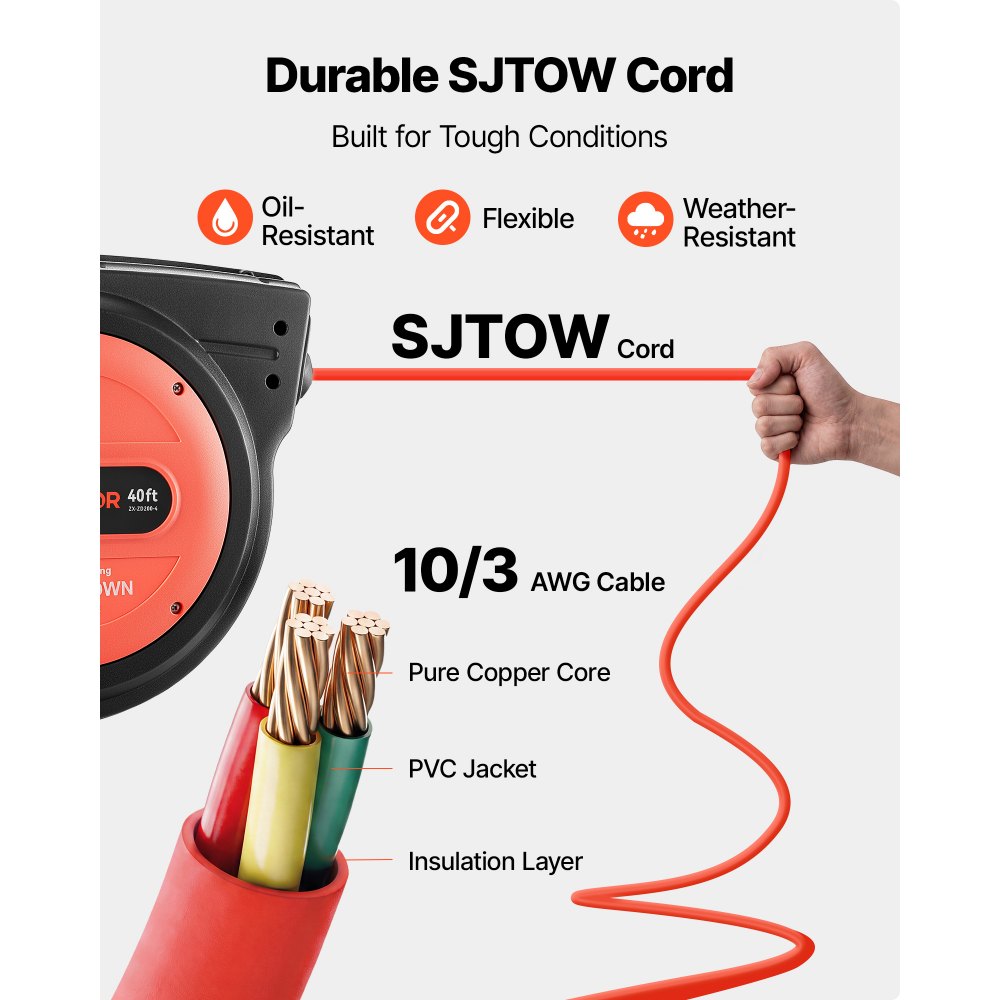 VEVOR 40FT Retractable Extension Cord Reel, Damped Slow Retraction System, 10AWG/3C Heavy Duty Power Cord 2500W, 4 Outlets, 20A Circuit Breaker, Ceiling/Wall Mount for Garage/Shop, ETL Listed, Red