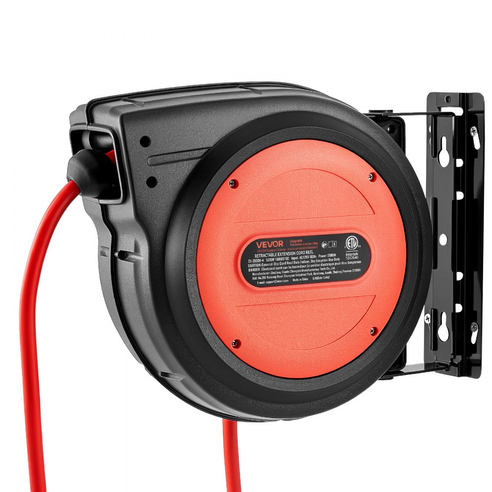 VEVOR 40FT Retractable Extension Cord Reel, Damped Slow Retraction System, 10AWG/3C Heavy Duty Power Cord 2500W, 4 Outlets, 20A Circuit Breaker, Ceiling/Wall Mount for Garage/Shop, ETL Listed, Red