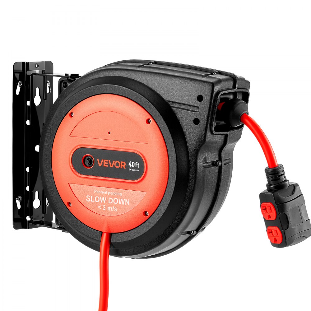 VEVOR 40FT Retractable Extension Cord Reel, Damped Slow Retraction System, 10AWG/3C Heavy Duty Power Cord 2500W, 4 Outlets, 20A Circuit Breaker, Ceiling/Wall Mount for Garage/Shop, ETL Listed, Red