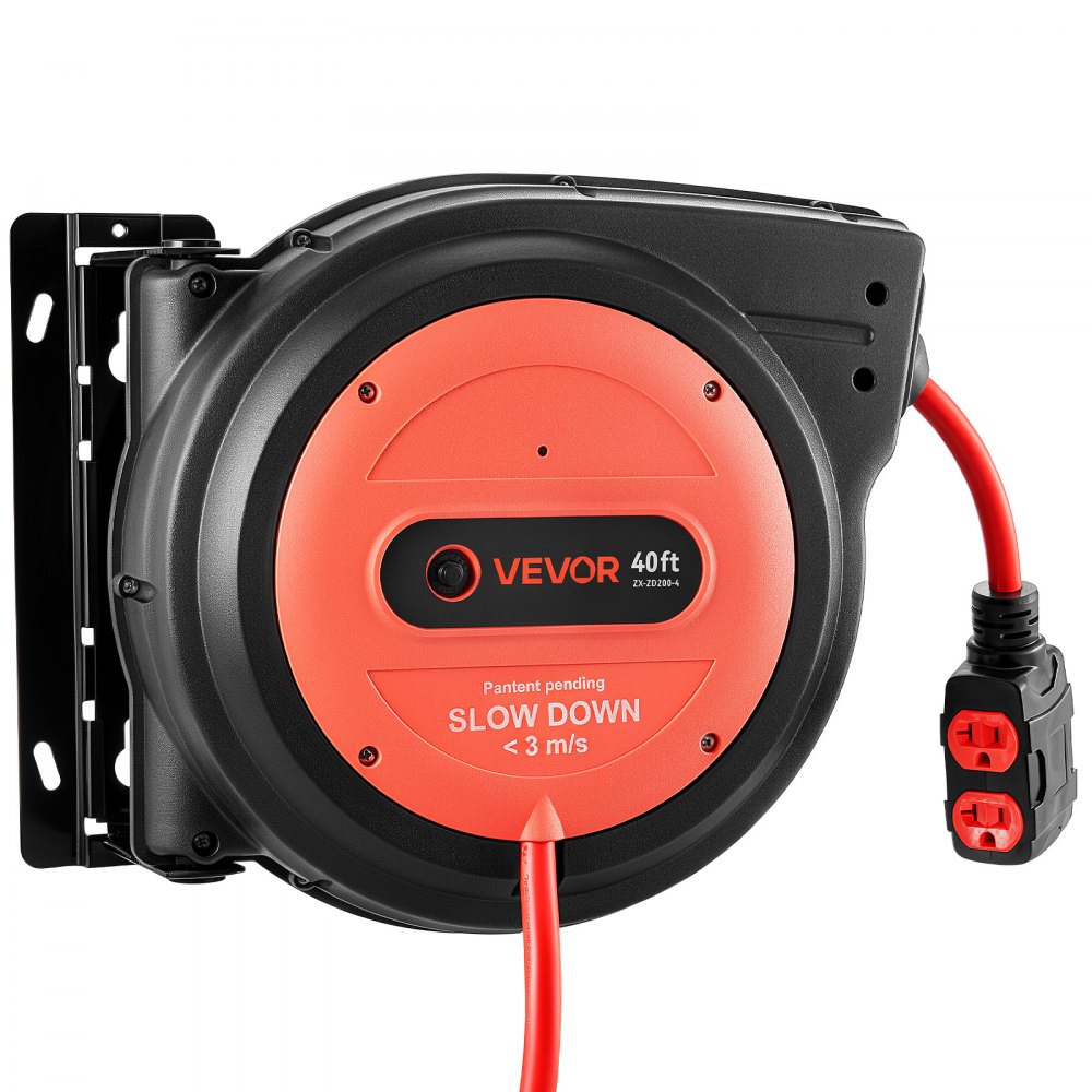 VEVOR 40FT Retractable Extension Cord Reel, Damped Slow Retraction System, 10AWG/3C Heavy Duty Power Cord 2500W, 4 Outlets, 20A Circuit Breaker, Ceiling/Wall Mount for Garage/Shop, ETL Listed, Red