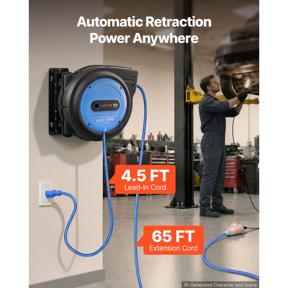 VEVOR 65FT Retractable Extension Cord Reel, Damped Slow Retraction System, 12AWG/3C Heavy Duty Power Cord, Lighted Triple Tap, 15A Circuit Breaker, Ceiling/Wall Mount for Garage/Shop, ETL Listed, Blue