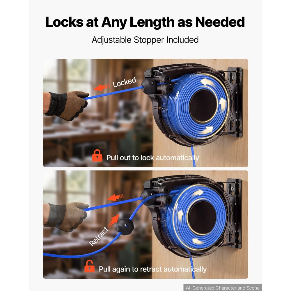 VEVOR 65FT Retractable Extension Cord Reel, Damped Slow Retraction System, 12AWG/3C Heavy Duty Power Cord, Lighted Triple Tap, 15A Circuit Breaker, Ceiling/Wall Mount for Garage/Shop, ETL Listed, Blue