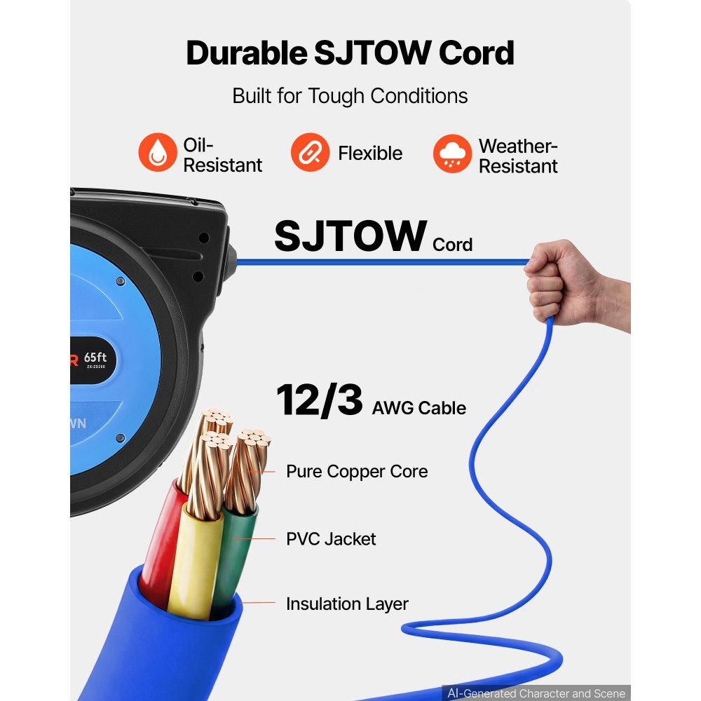 VEVOR 65FT Retractable Extension Cord Reel, Damped Slow Retraction System, 12AWG/3C Heavy Duty Power Cord, Lighted Triple Tap, 15A Circuit Breaker, Ceiling/Wall Mount for Garage/Shop, ETL Listed, Blue