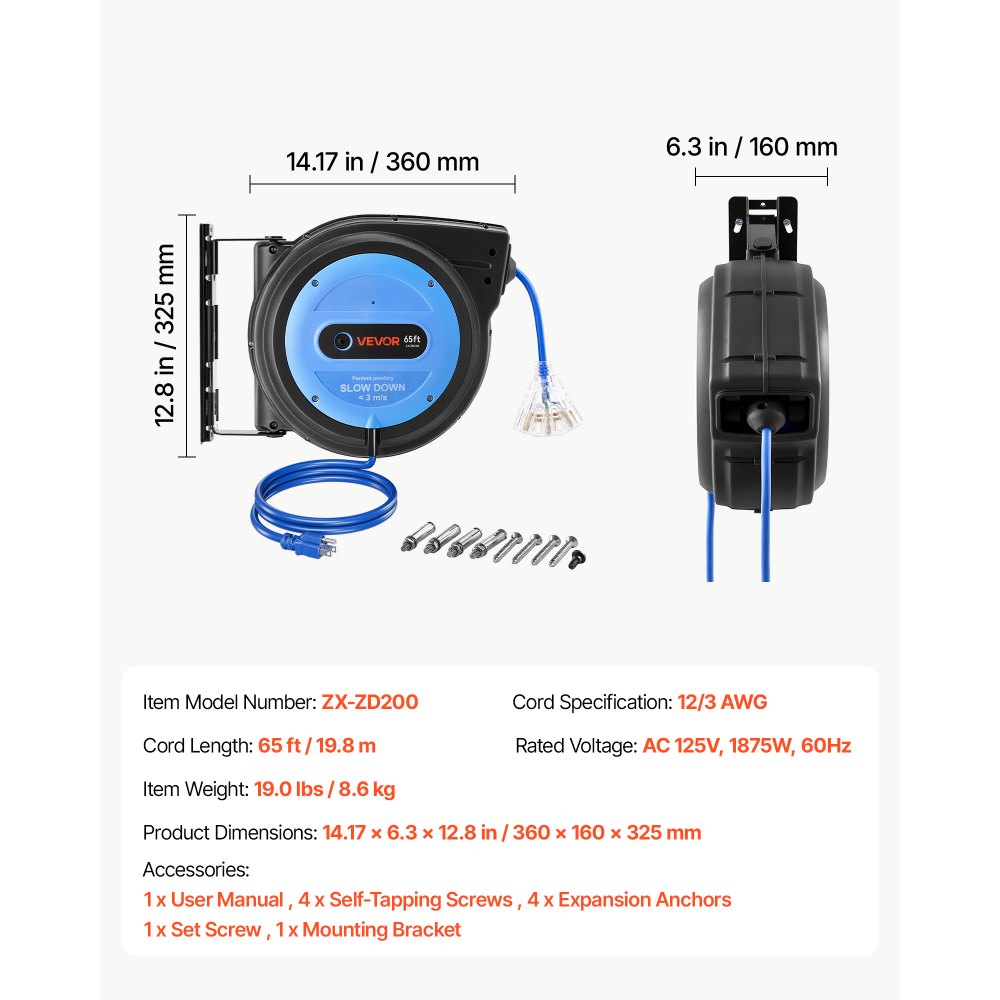VEVOR 65FT Retractable Extension Cord Reel, Damped Slow Retraction System, 12AWG/3C Heavy Duty Power Cord, Lighted Triple Tap, 15A Circuit Breaker, Ceiling/Wall Mount for Garage/Shop, ETL Listed, Blue