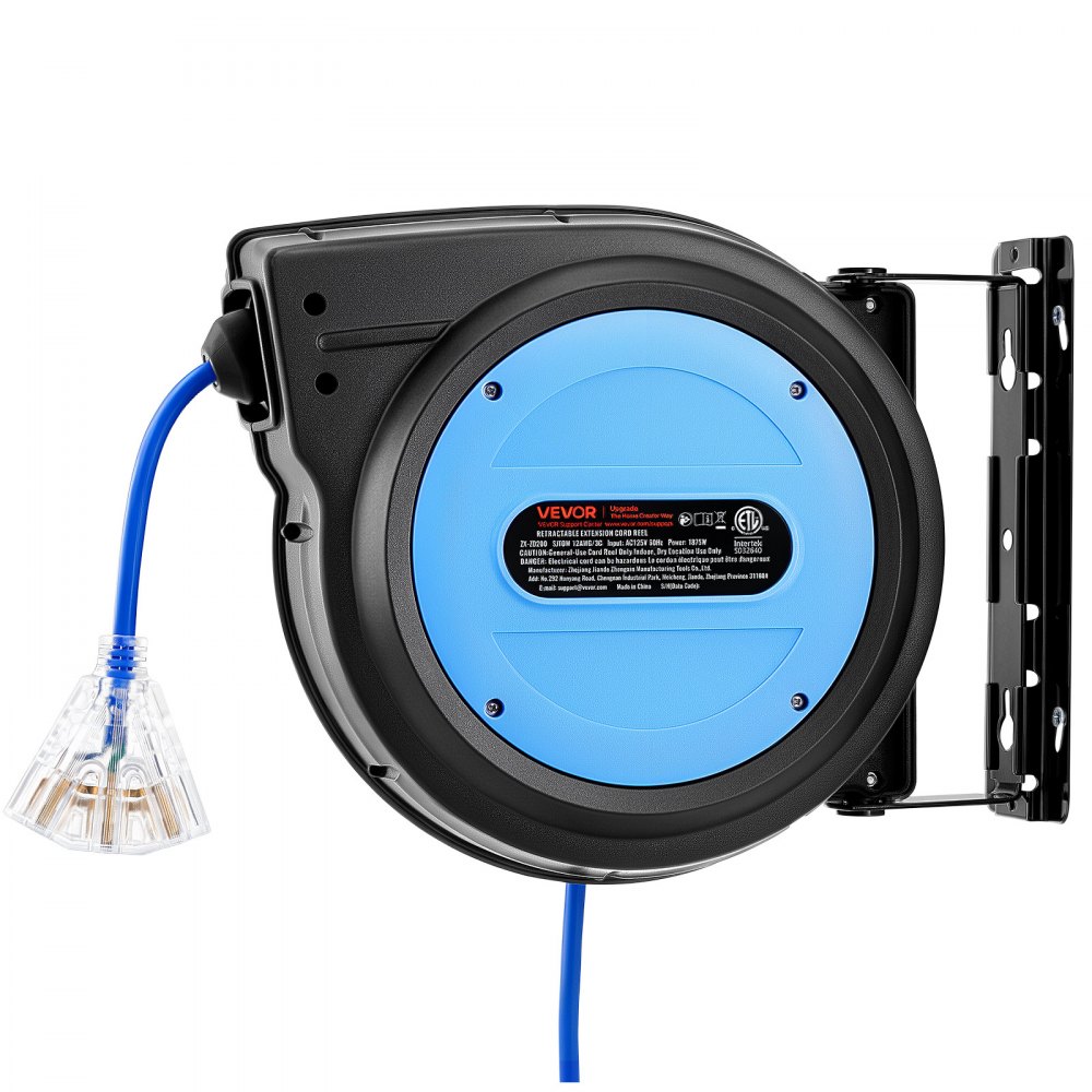 VEVOR 65FT Retractable Extension Cord Reel, Damped Slow Retraction System, 12AWG/3C Heavy Duty Power Cord, Lighted Triple Tap, 15A Circuit Breaker, Ceiling/Wall Mount for Garage/Shop, ETL Listed, Blue