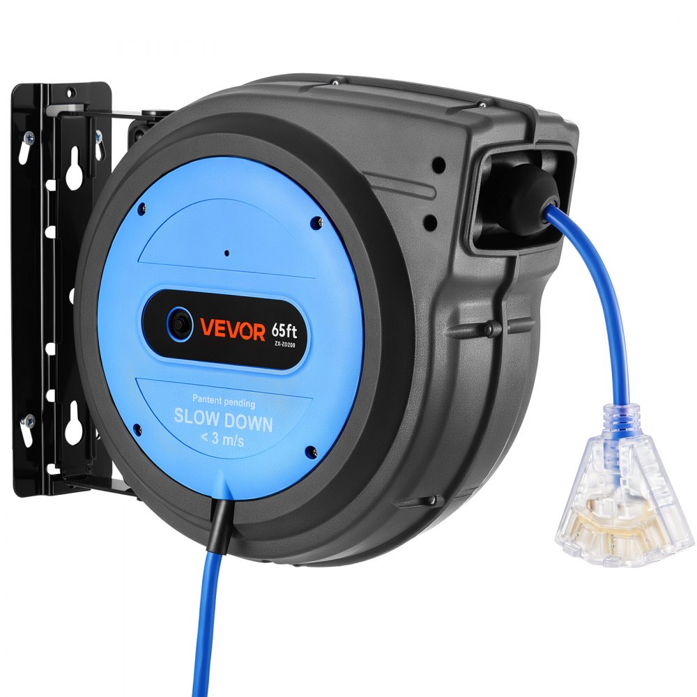 VEVOR 65FT Retractable Extension Cord Reel, Damped Slow Retraction System, 12AWG/3C Heavy Duty Power Cord, Lighted Triple Tap, 15A Circuit Breaker, Ceiling/Wall Mount for Garage/Shop, ETL Listed, Blue