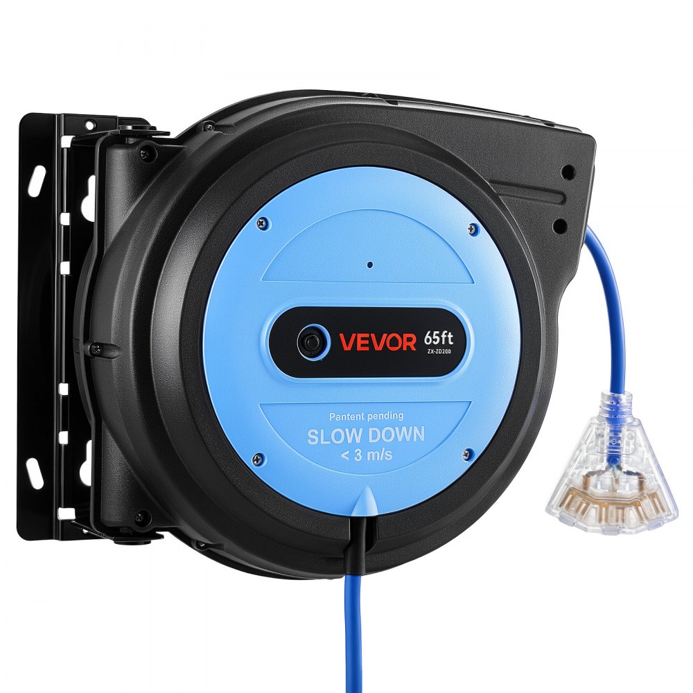 VEVOR 65FT Retractable Extension Cord Reel, Damped Slow Retraction System, 12AWG/3C Heavy Duty Power Cord, Lighted Triple Tap, 15A Circuit Breaker, Ceiling/Wall Mount for Garage/Shop, ETL Listed, Blue