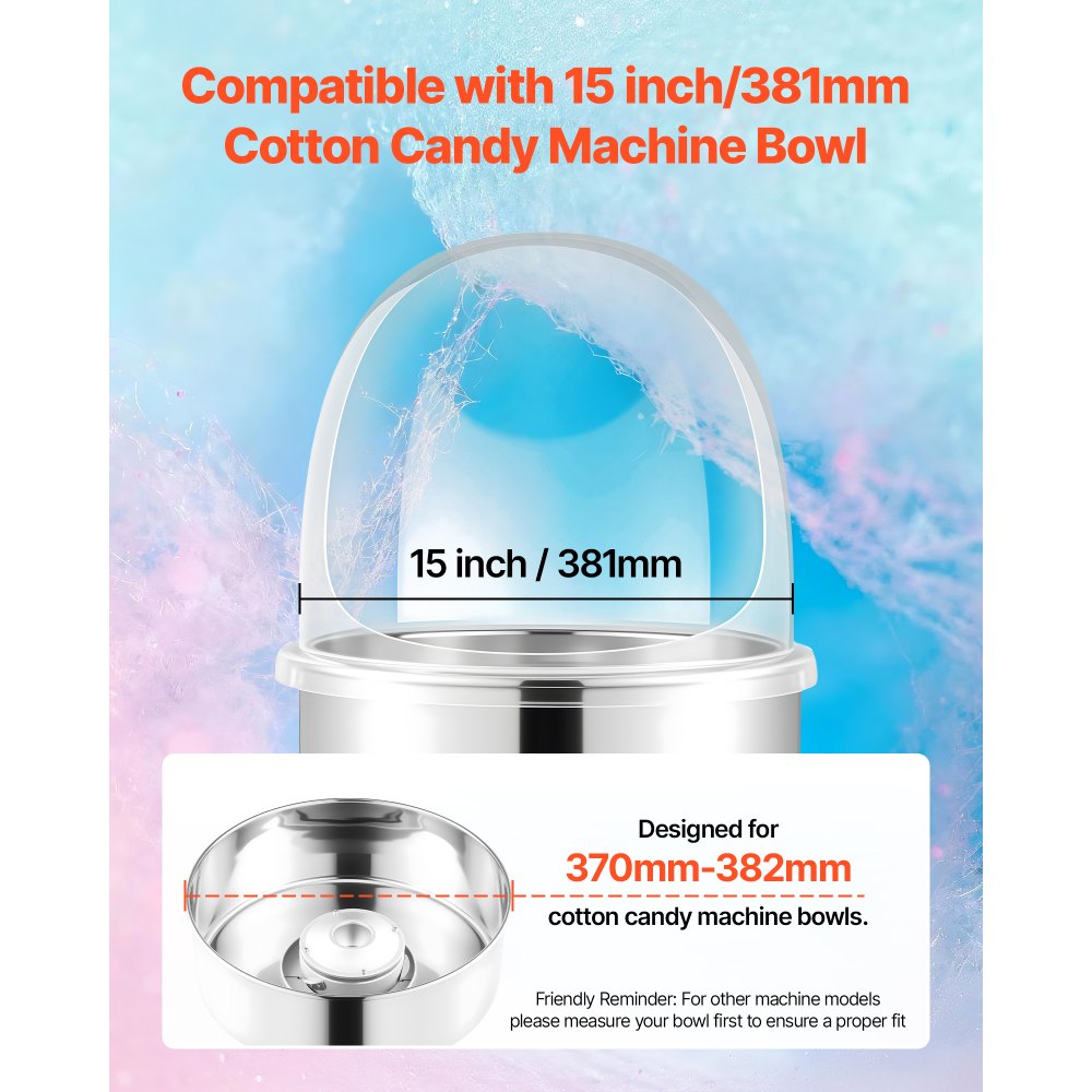 VEVOR Cotton Candy Machine Cover, Transparent Acrylic Dome Bubble Shield, Cotton Candy Machine Bubble Shield Compatible with 15inch Cottons Candies Machines Bowl for Party, Shops, Bottom Groove Design