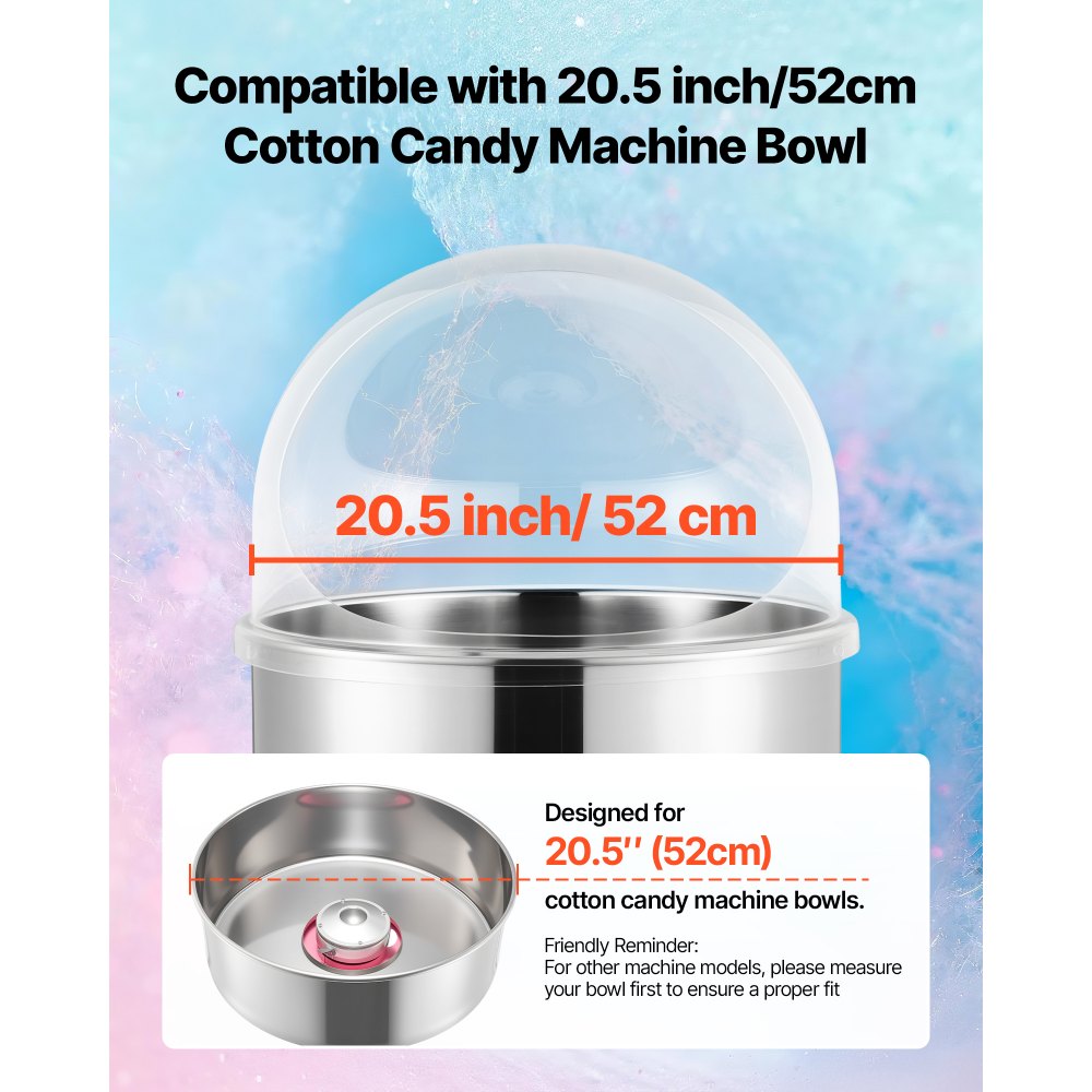 VEVOR Cotton Candy Machine Cover, Transparent Acrylic Dome Bubble Shield, Cotton Candy Machine Bubble Shield Compatible with 52cm Cottons Candies Machines Bowl for Party, Shops, Bottom Groove Design