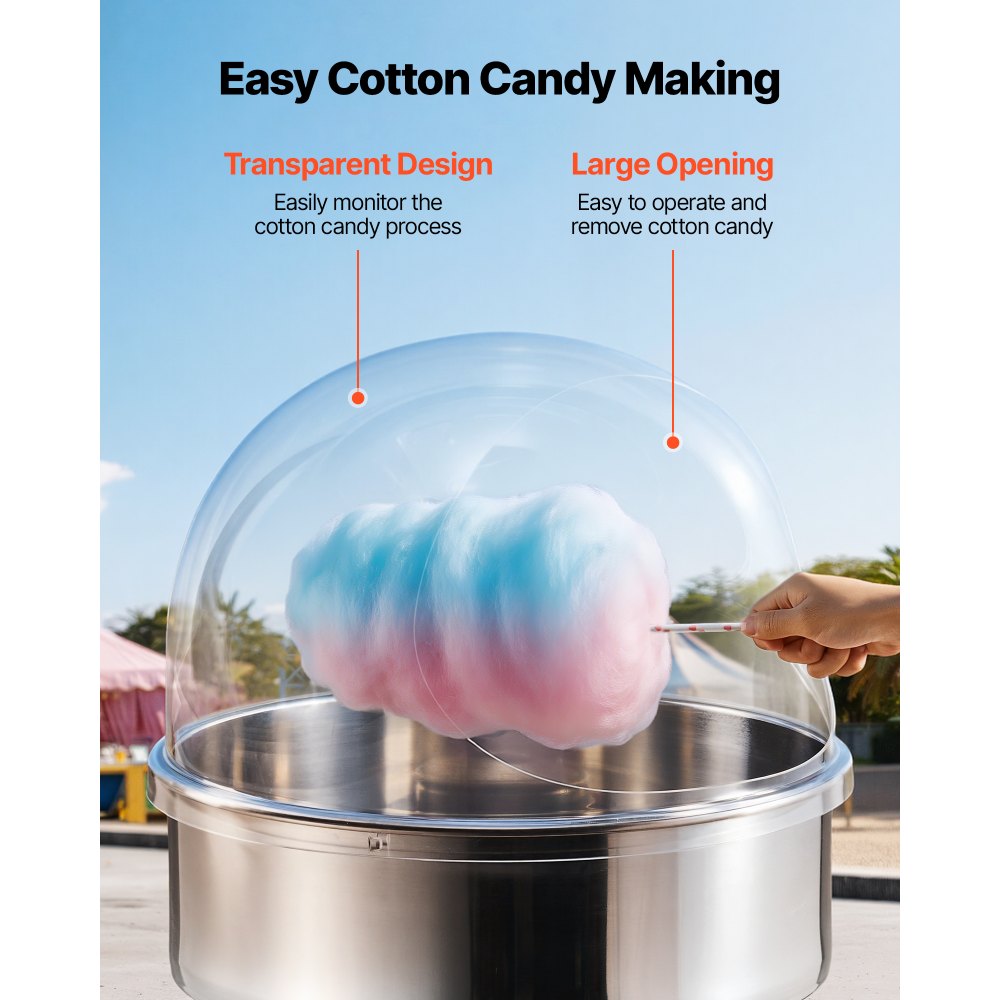 VEVOR Cotton Candy Machine Cover, Transparent Acrylic Dome Bubble Shield, Cotton Candy Machine Bubble Shield Compatible with 52cm Cottons Candies Machines Bowl for Party, Shops, Bottom Groove Design
