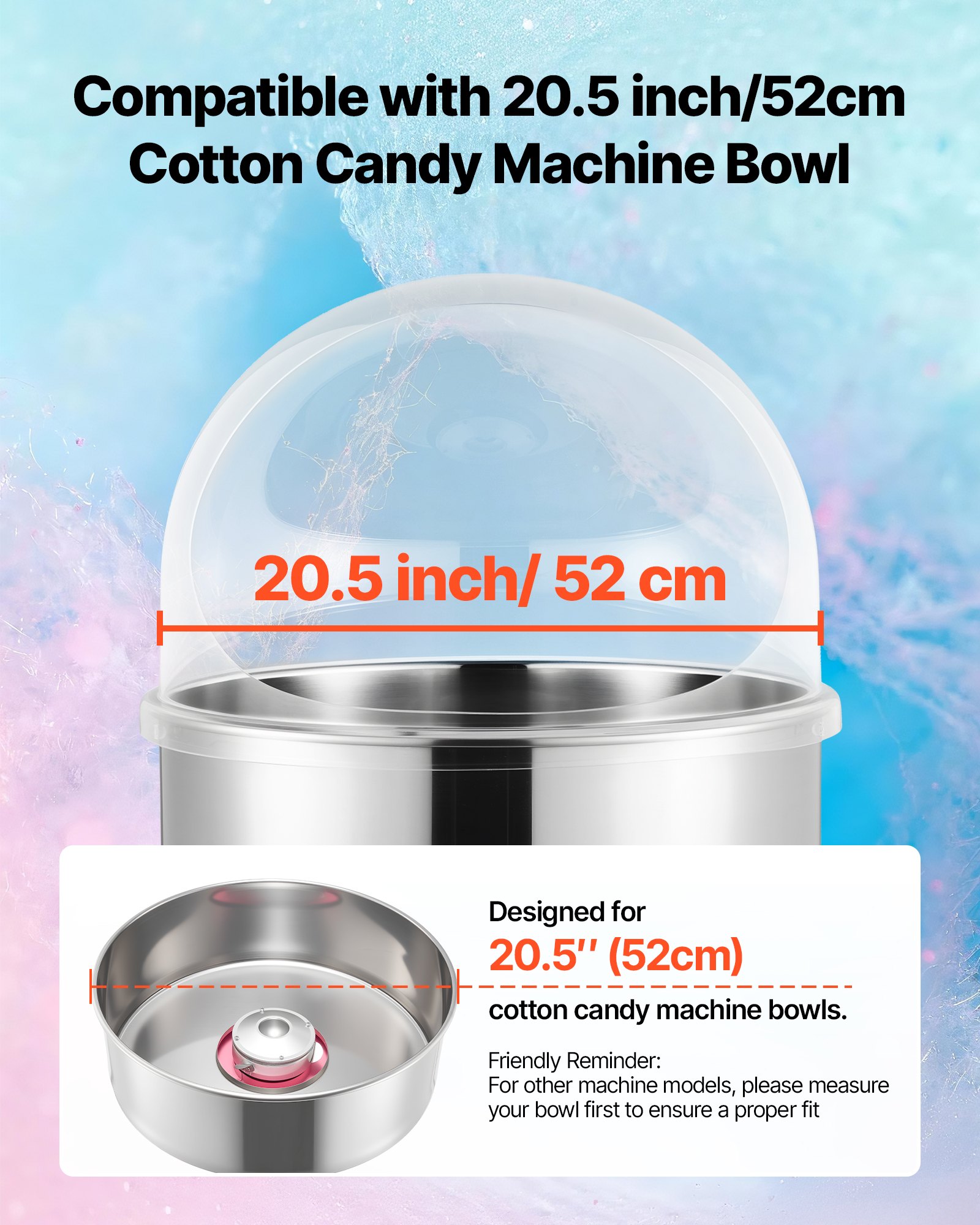 VEVOR Cotton Candy Machine Cover, Transparent Acrylic Dome Bubble Shield, Cotton Candy Machine Bubble Shield Compatible with 52cm Cottons Candies Machines Bowl for Party, Shops, Bottom Groove Design