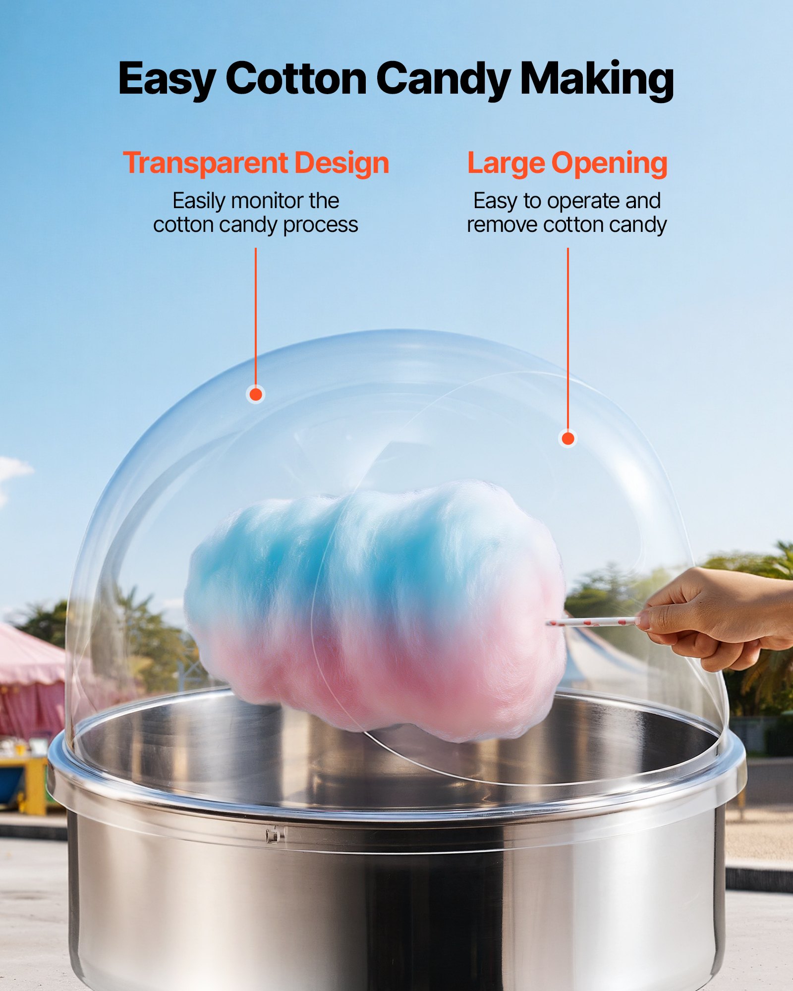 VEVOR Cotton Candy Machine Cover, Transparent Acrylic Dome Bubble Shield, Cotton Candy Machine Bubble Shield Compatible with 52cm Cottons Candies Machines Bowl for Party, Shops, Bottom Groove Design