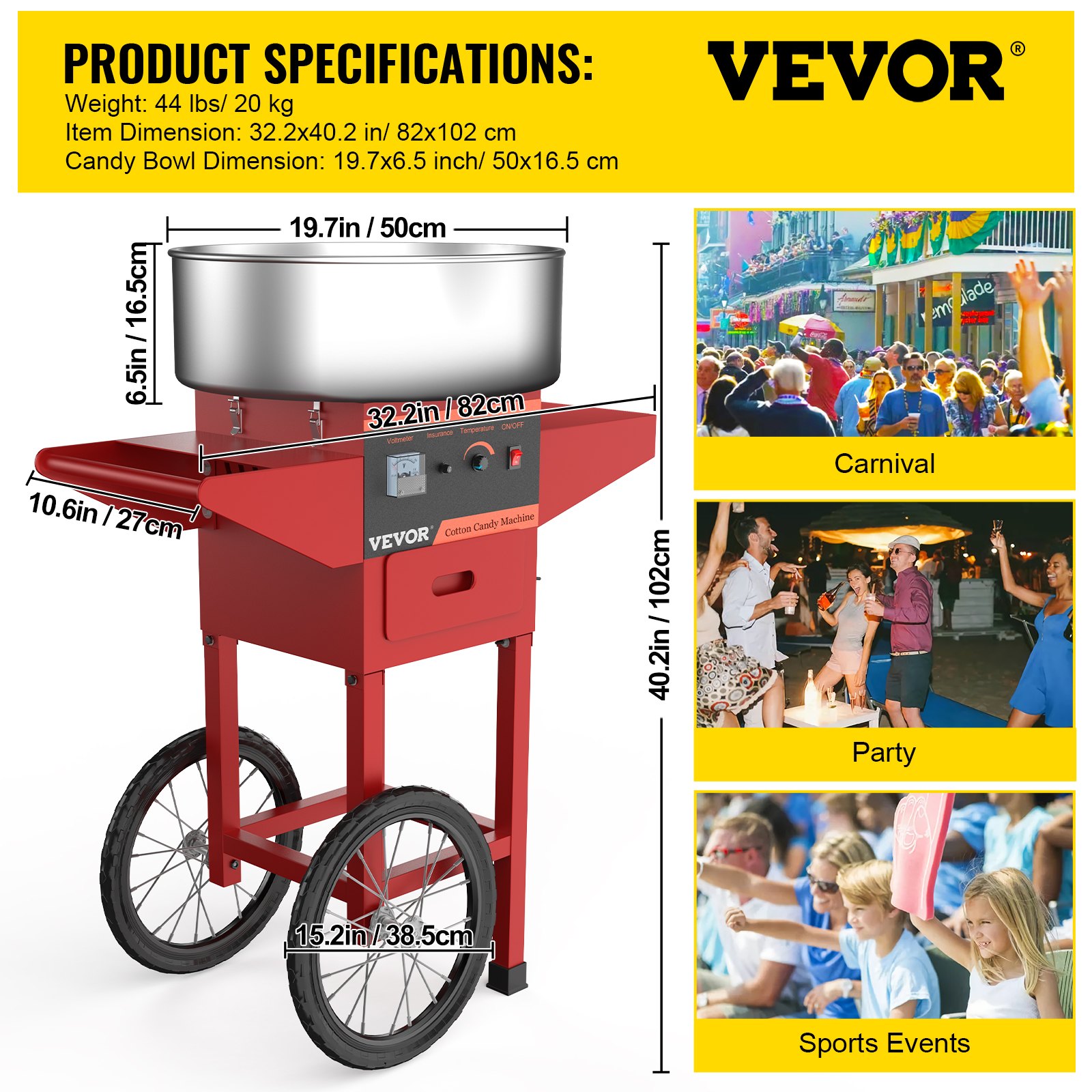 VEVOR Red Commercial Cotton Candy Machine with Cart 220V Stainless Steel Electric Candy Floss Maker with Cart Floss Machine Cart Perfect for Various Parties