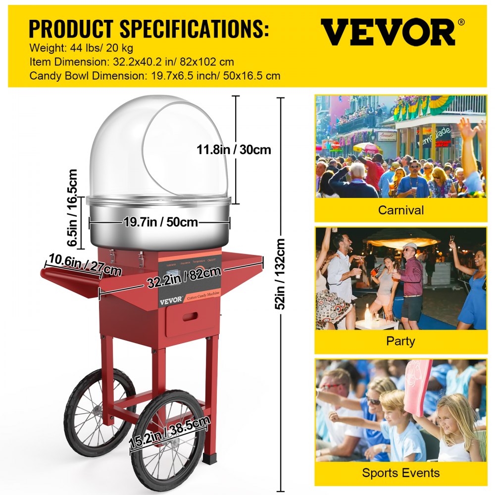 Vevor Commercial Cotton Candy Machine Sugar Floss Maker With Cart Cover