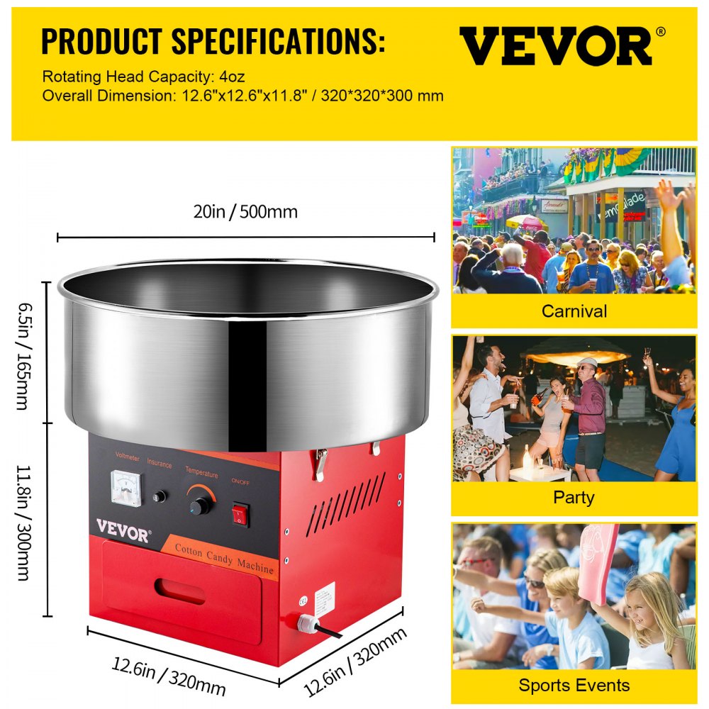 VEVOR Máquina comercial de algodón de azúcar, máquina de hilo eléctrico de 1030 W para familia y varias fiestas, 20,5 pulgadas, rojo