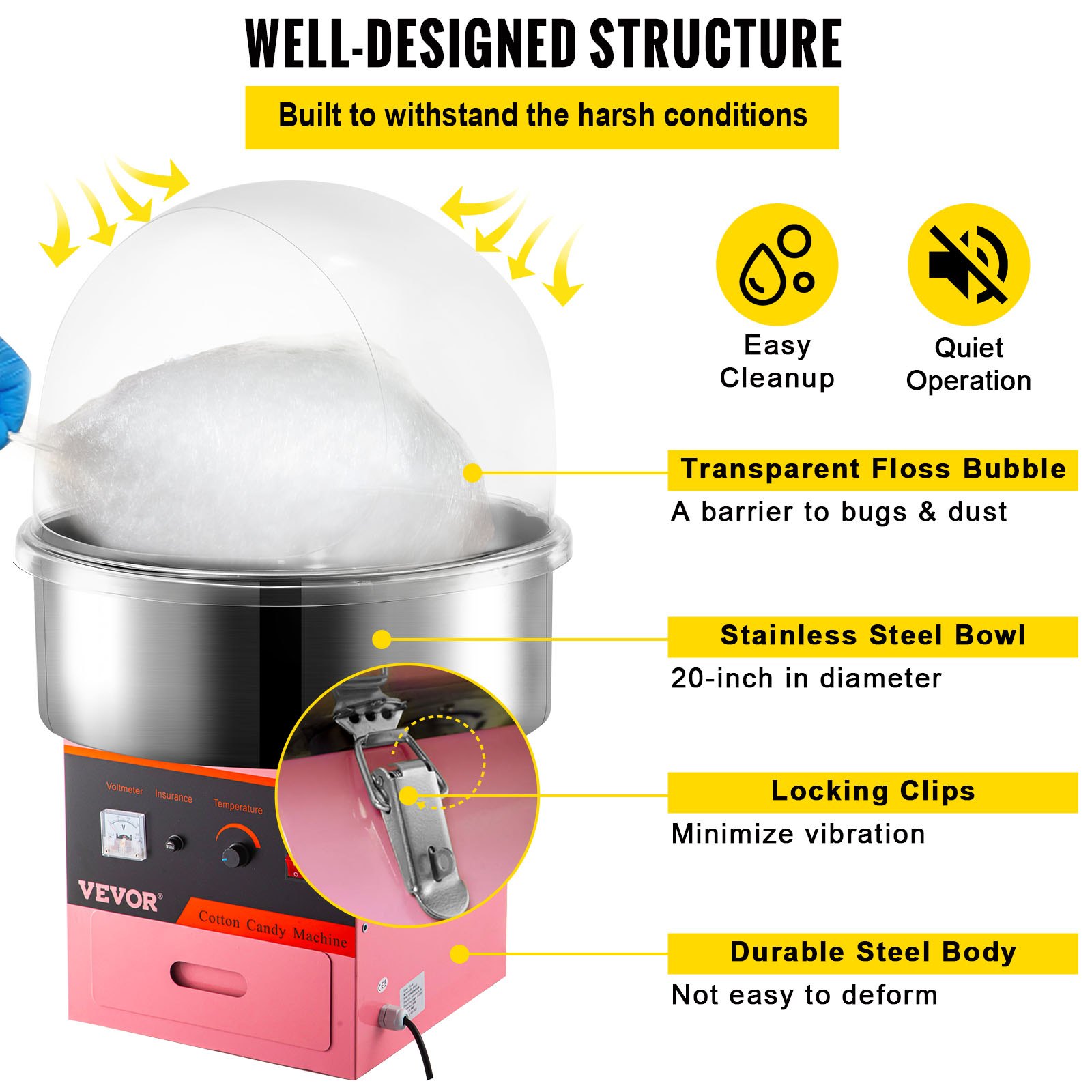 Vevor 1030W Electric Commercial Cotton Candy Maker Fairy Floss Machine with Cover