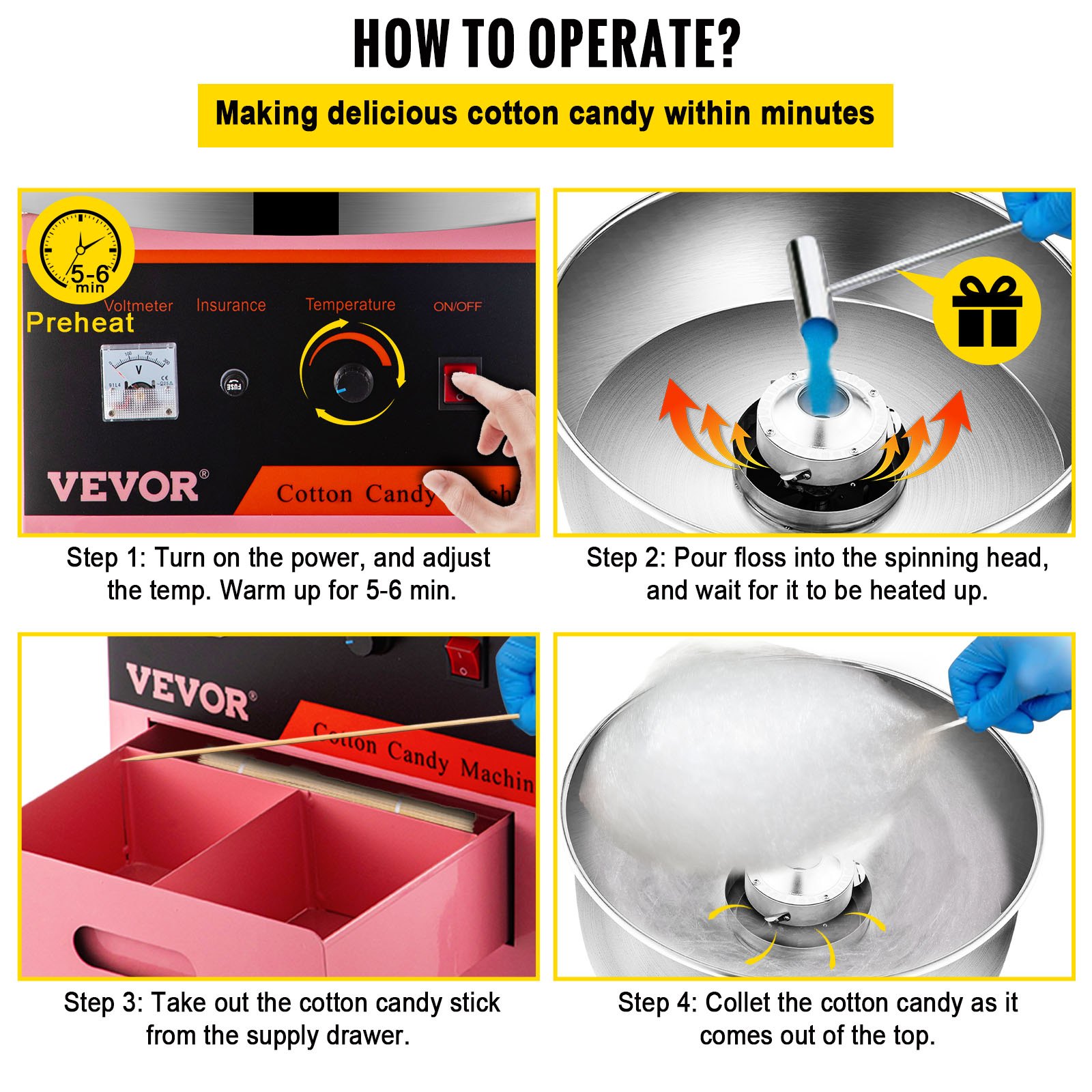 Vevor 1030W Electric Commercial Cotton Candy Maker Fairy Floss Machine with Cover