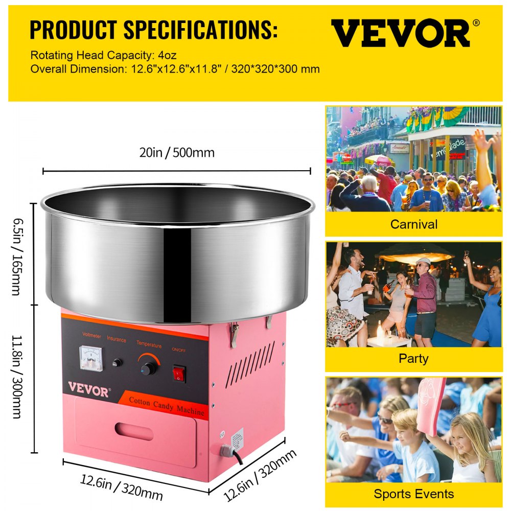 VEVOR Candy Floss Maker Sockervaddsmaskin 21 tums skål i rostfritt stål Candy Floss Maker för barn med rostfritt stål bricka och skopa Party Hem Kommersiell användning