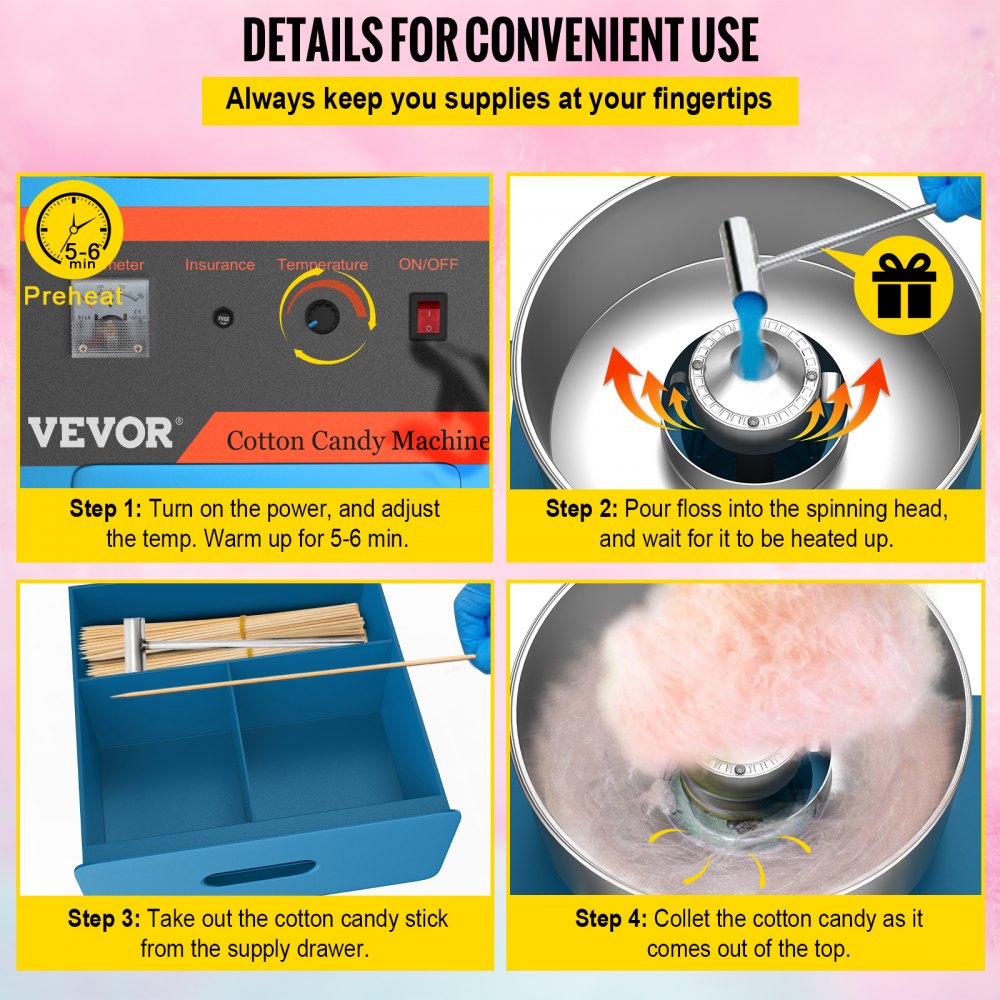 VEVOR Cotton Candy Machine with Cart Commercial Floss Maker Perfect for Family and Various Party, 19.7 Inch, Blue