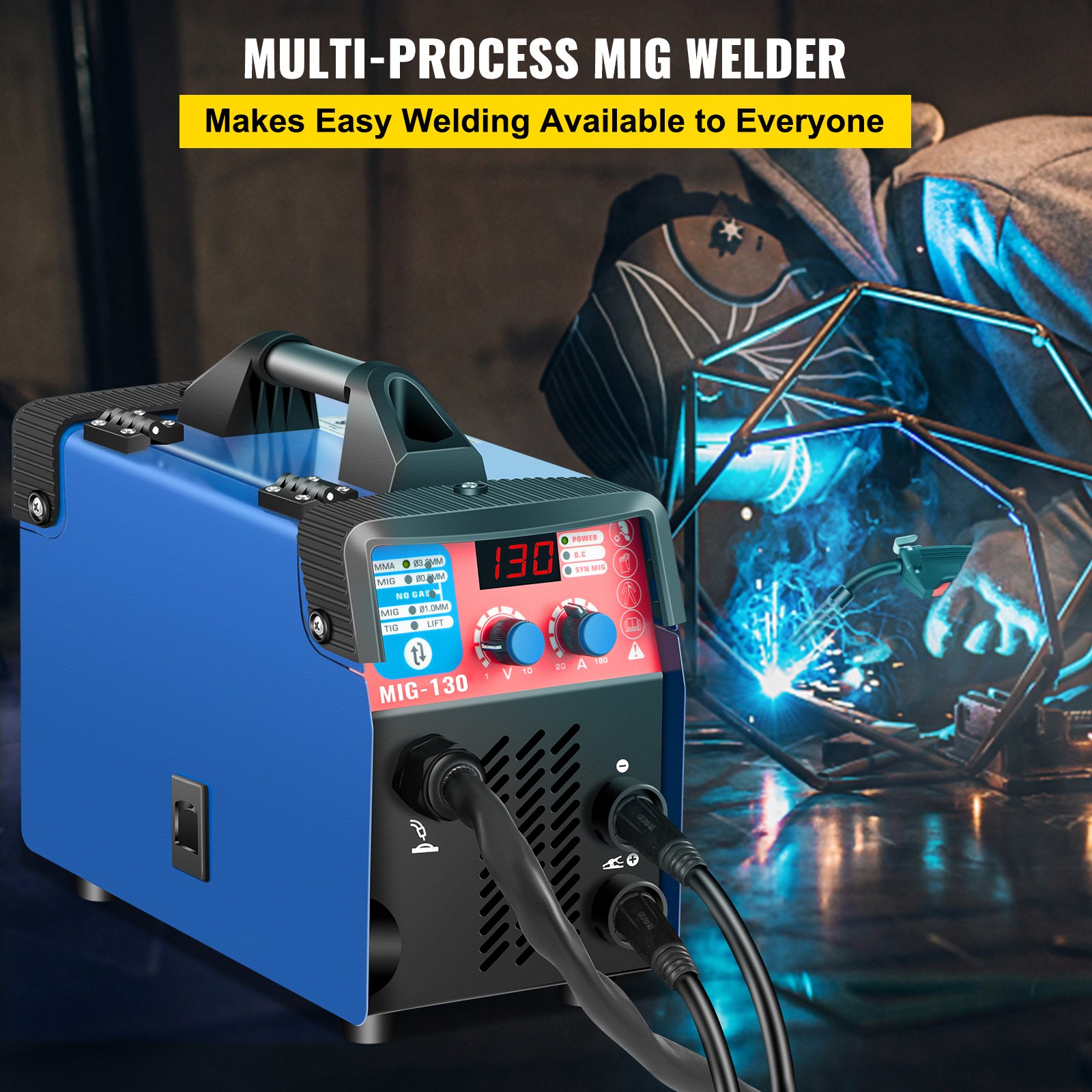 VEVOR MIG Welder, 130A Welding Machine, 3 in 1 Combo MMA/MIG/LIFT TIG Welder Machine, Flux Core Welder, MIG-130 Portable Welding Machine, mig welding equipment with 1 KG Welding Wire Stick Welder
