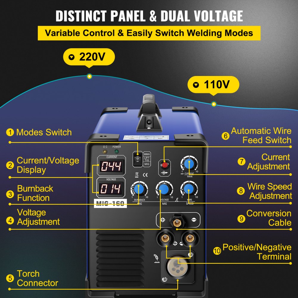 VEVOR MIG Welder 160 Amp MIG TIG Arc Welder 3 in 1 Welder Welding Machine 110V 220V TIG Welder Lift ARC Welder MMA Stick IGBT DC Inverter Welder Digital Display Combo Welding Machine