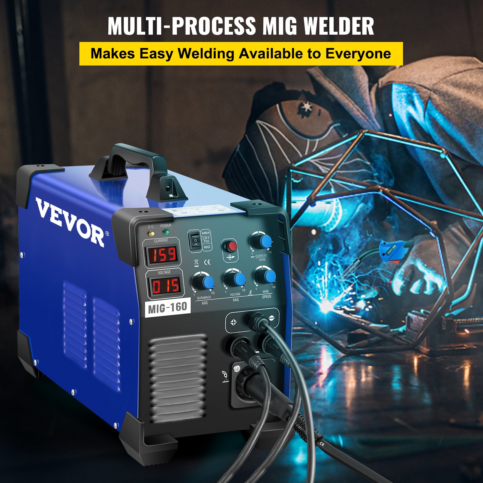 VEVOR MIG Welder 160 Amp MIG TIG Arc Welder 3 in 1 Welder Welding Machine 110V 220V TIG Welder Lift ARC Welder MMA Stick IGBT DC Inverter Welder Digital Display Combo Welding Machine