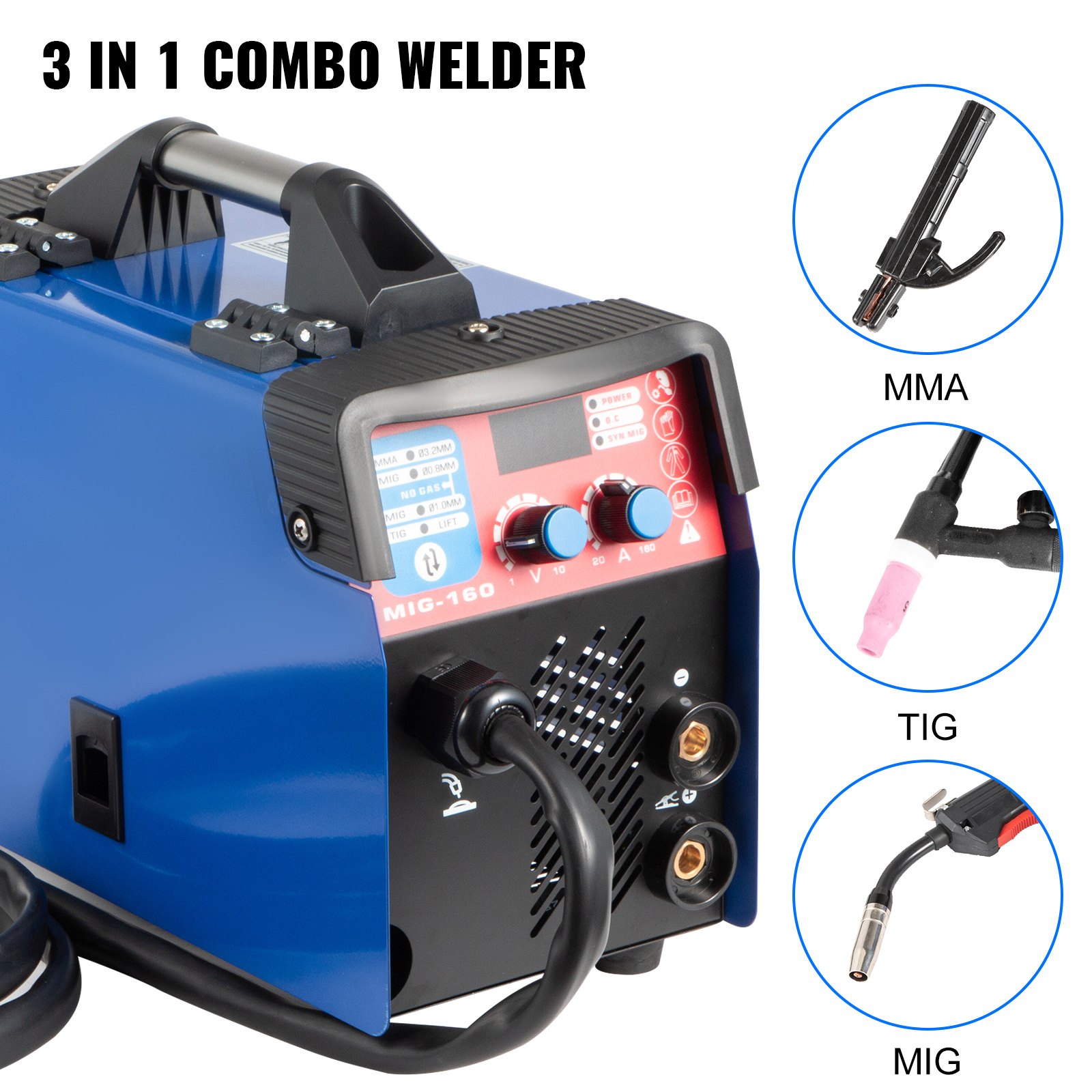 VEVOR MIG Welder, 160A Welding Machine, 3 in 1 Combo MMA/MIG/LIFT TIG Welder Machine, Flux Core Welder, MIG 160 Portable Welding Machine, MIG welding equipment with 1 KG Welding Wire Stick Welder