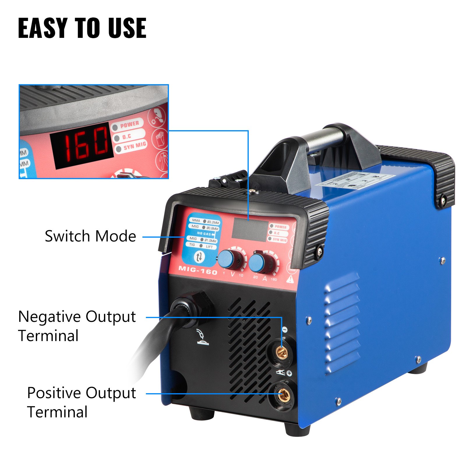 VEVOR MIG Welder, 160A Welding Machine, 3 in 1 Combo MMA/MIG/LIFT TIG Welder Machine, Flux Core Welder, MIG 160 Portable Welding Machine, MIG welding equipment with 1 KG Welding Wire Stick Welder