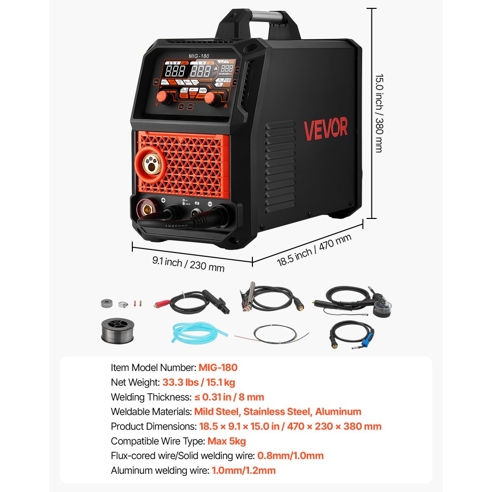 VEVOR 180Amps MIG Welder 5-in-1 AL MIG/Gas MIG/Flux Core MIG/Stick/Lift TIG, Multi-Function 220V Aluminum Mig Welder with Synergic Control, 2T/4T/Spot Mode, Digital Display - Spool Gun Included