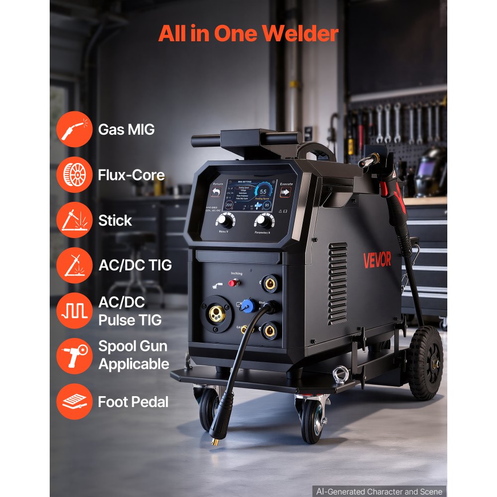 VEVOR 200A Pro MIG Welder 9-in-1 All-in-One Welding Cart Workstation, Gas MIG, Gasless Flux Core, AC/DC Tig, AC/DC Pulse Tig, Stick, Aluminum Welding with Spool Gun Compatible, Foot Pedal Control