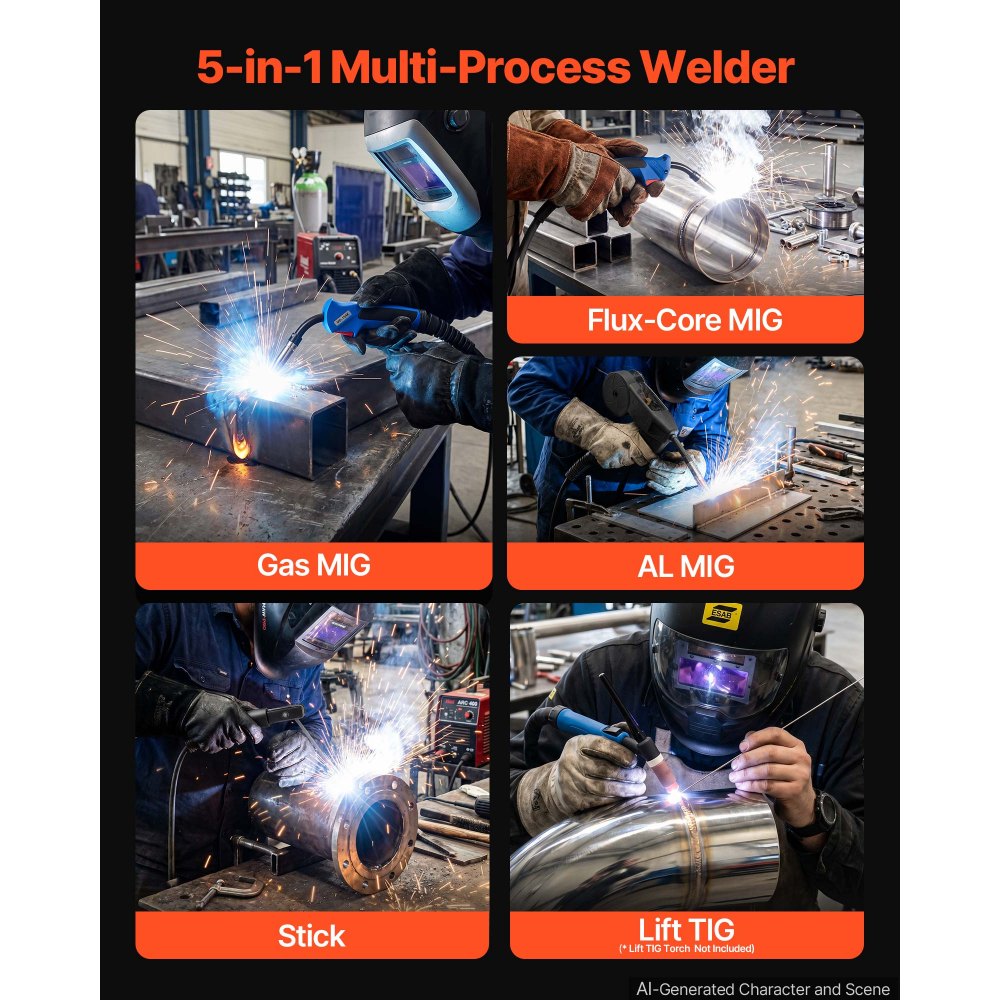 VEVOR 250A MIG Welder 5-in-1 AL MIG/Gas MIG/Flux Core MIG/Stick/Lift TIG, Multi-Function 220V Pulse Aluminum Mig Welder, Synergic Control, 2T/4T/Spot Mode, Digital Display - Spool Gun Compatible