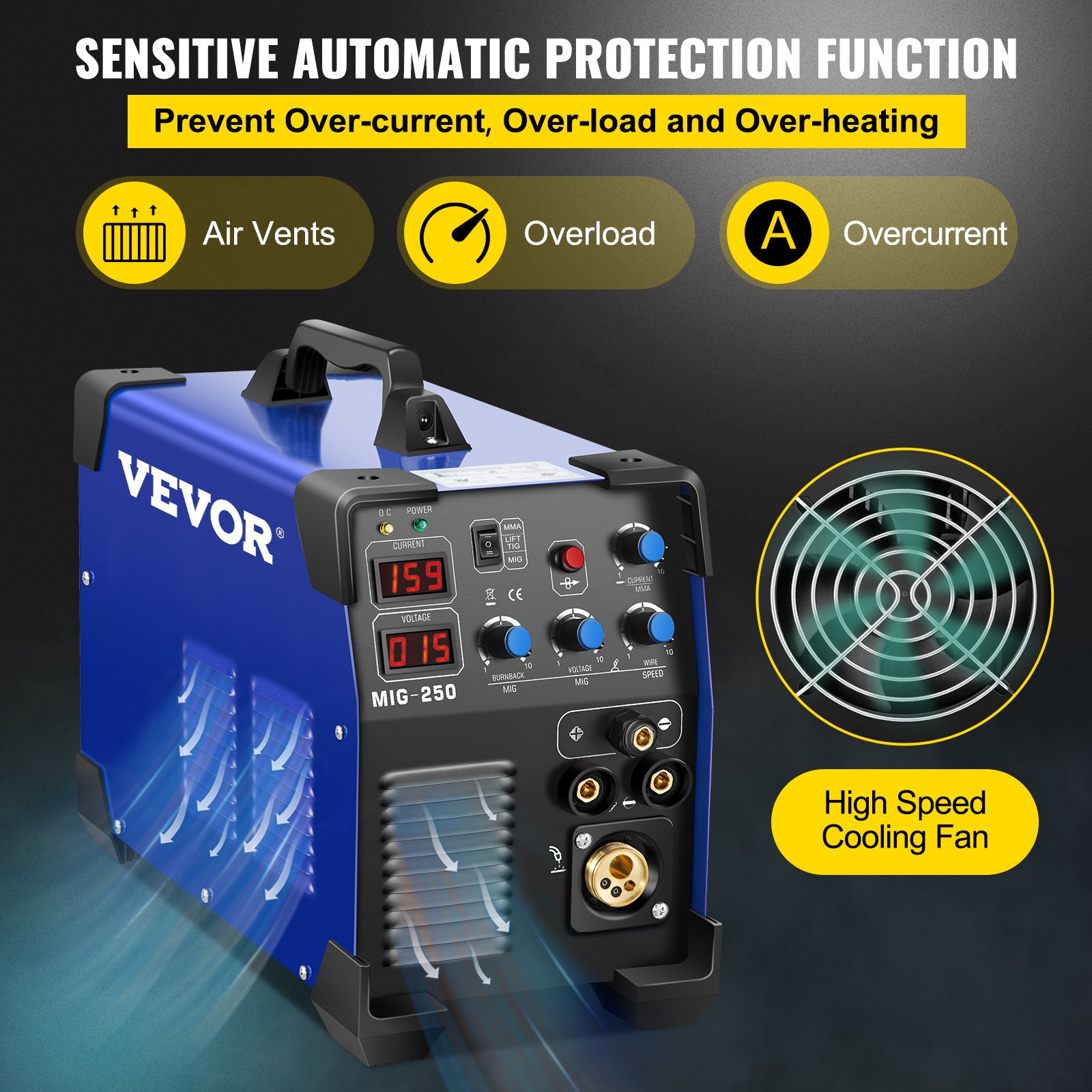 VEVOR MIG Welder, 3 in 1 Welder Welding Machine, 250 Amp MIG TIG Arc Welder 110V 220V TIG Welder Lift ARC Welder Digital Display Combo Welding Machine MMA Stick IGBT DC Inverter Welder