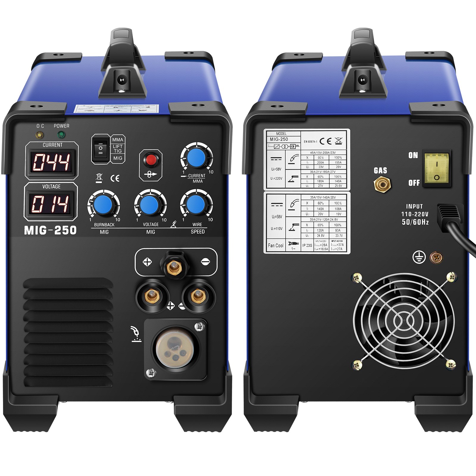 VEVOR MIG Welder, 3 in 1 Welder Welding Machine, 250 Amp MIG TIG Arc Welder 110V 220V TIG Welder Lift ARC Welder Digital Display Combo Welding Machine MMA Stick IGBT DC Inverter Welder