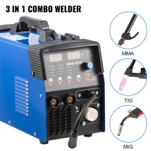 VEVOR MMA/MIG/LIFT TIG Welder, 250 AMP AC 110/220V Dual Voltage TIG Welding Machine with IGBT Inverter, Digital Display 3 in 1 Multiprocess Welder, Blue Portable Machine with Welding Gun and Wire