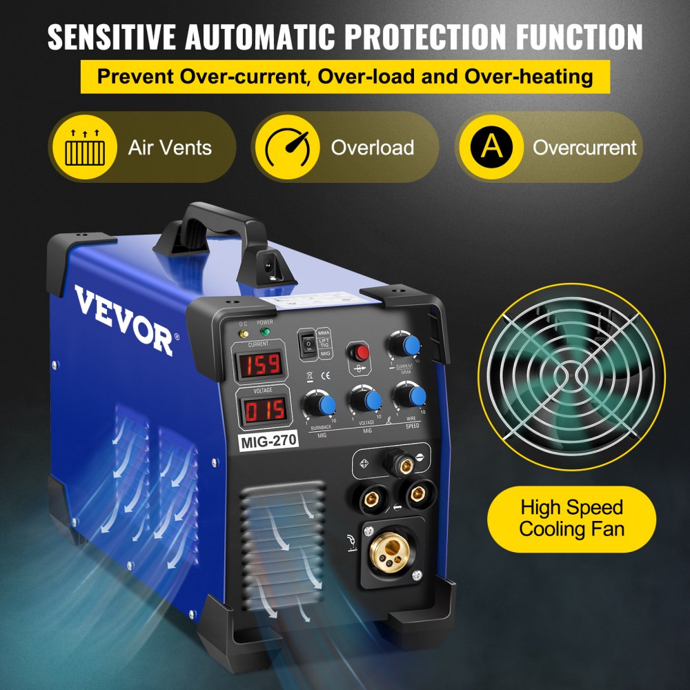 VEVOR MIG Welder, 3 in 1 Welder Welding Machine, 270 Amp MIG TIG Arc Welder 110V 220V TIG Welder Lift ARC Welder Digital Display Combo Welding Machine MMA Stick IGBT DC Inverter Welder