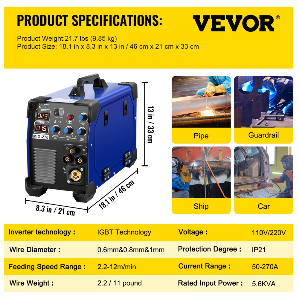 VEVOR MIG Welder 270 Amp MIG TIG Arc Welder 3 in 1 Welder Welding Machine 110V 220V TIG Welder Lift ARC Welder MMA Stick IGBT DC Inverter Welder Digital Display Combo Welding Machine