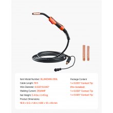 250Amp Mig Welding Gun with 15FT Cable Suitable for 0.035" 0.045" Welding Wires