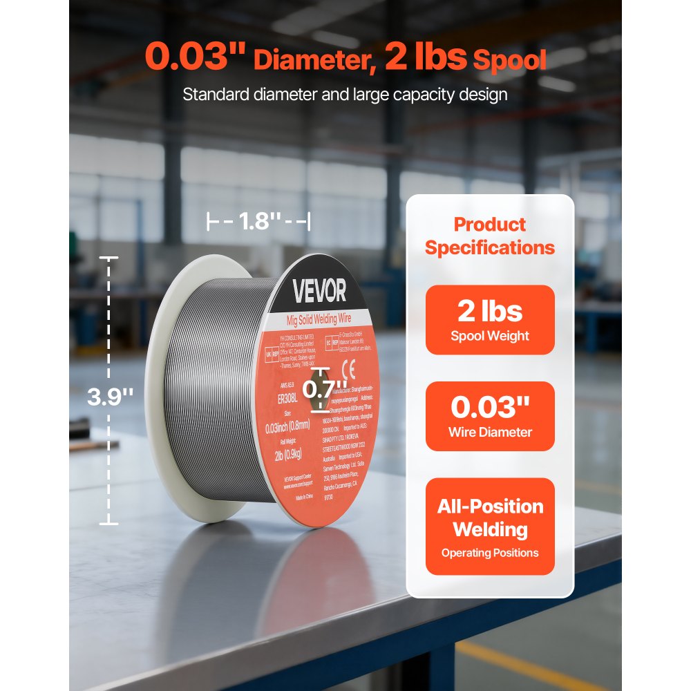 VEVOR Solid MIG Welding Wire, ER308L 0.8mm 0.9kg, Low Spatter Stainless Steel Welding Wire with High Feedability for All-Position Gas Shielded Welding