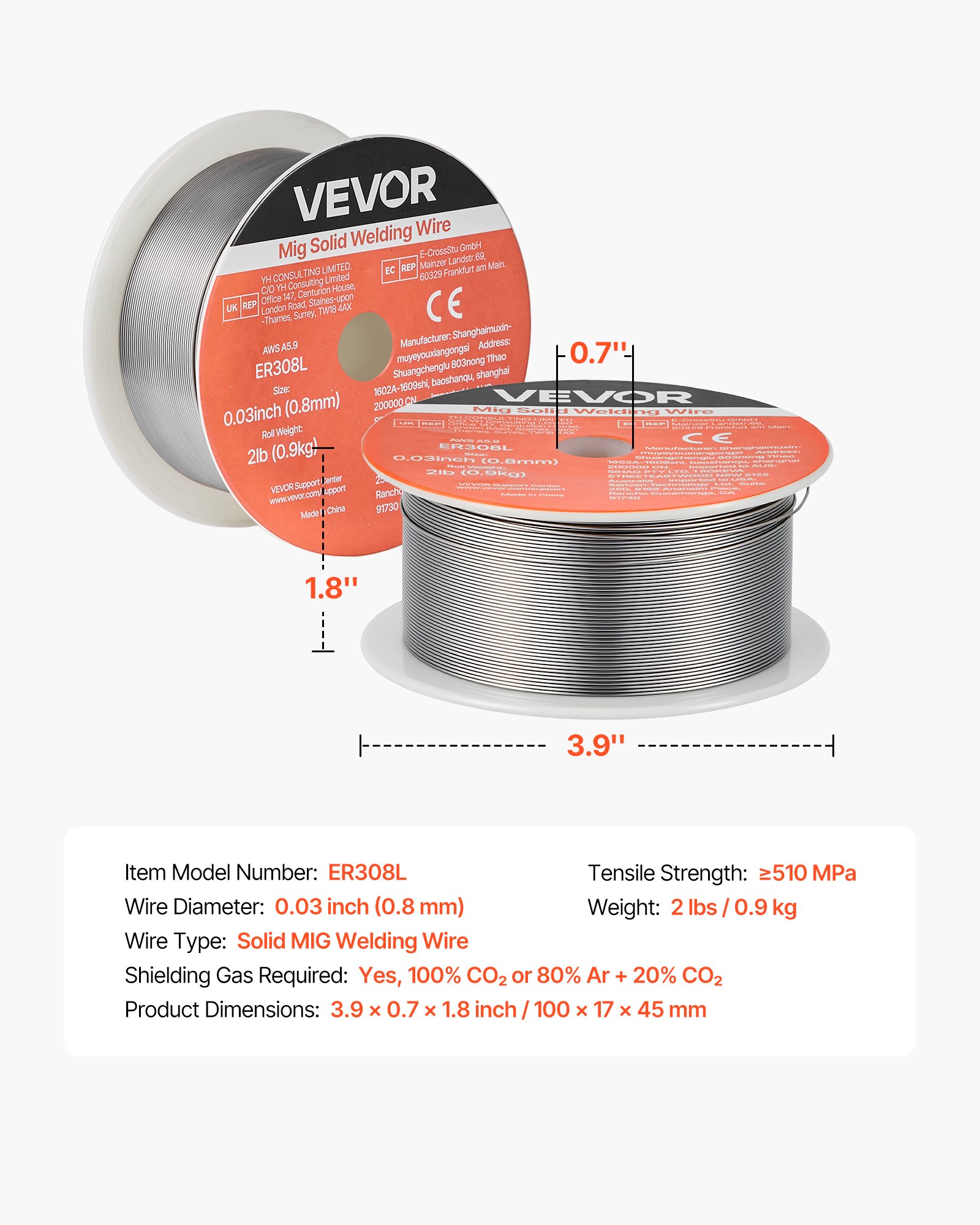 VEVOR Solid MIG Welding Wire, ER308L 0.8mm 0.9kg, Low Spatter Stainless Steel Welding Wire with High Feedability for All-Position Gas Shielded Welding