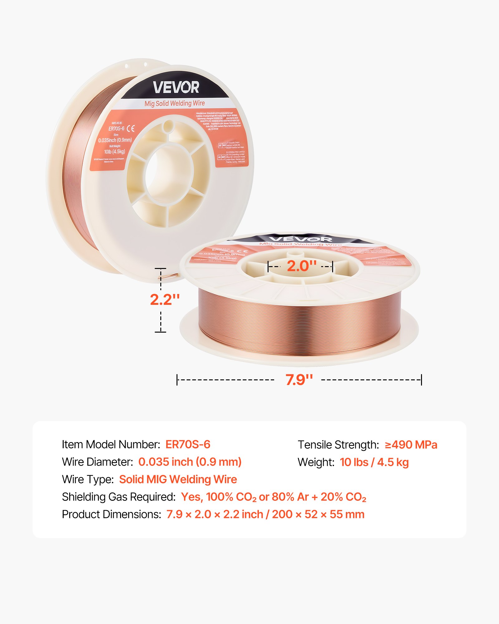 VEVOR Solid MIG Welding Wire, ER70S-6 0.9mm 4.5kg, Low Spatter Mild Steel Welding Wire with High Deoxidizers for All-Position Gas Shielded Welding