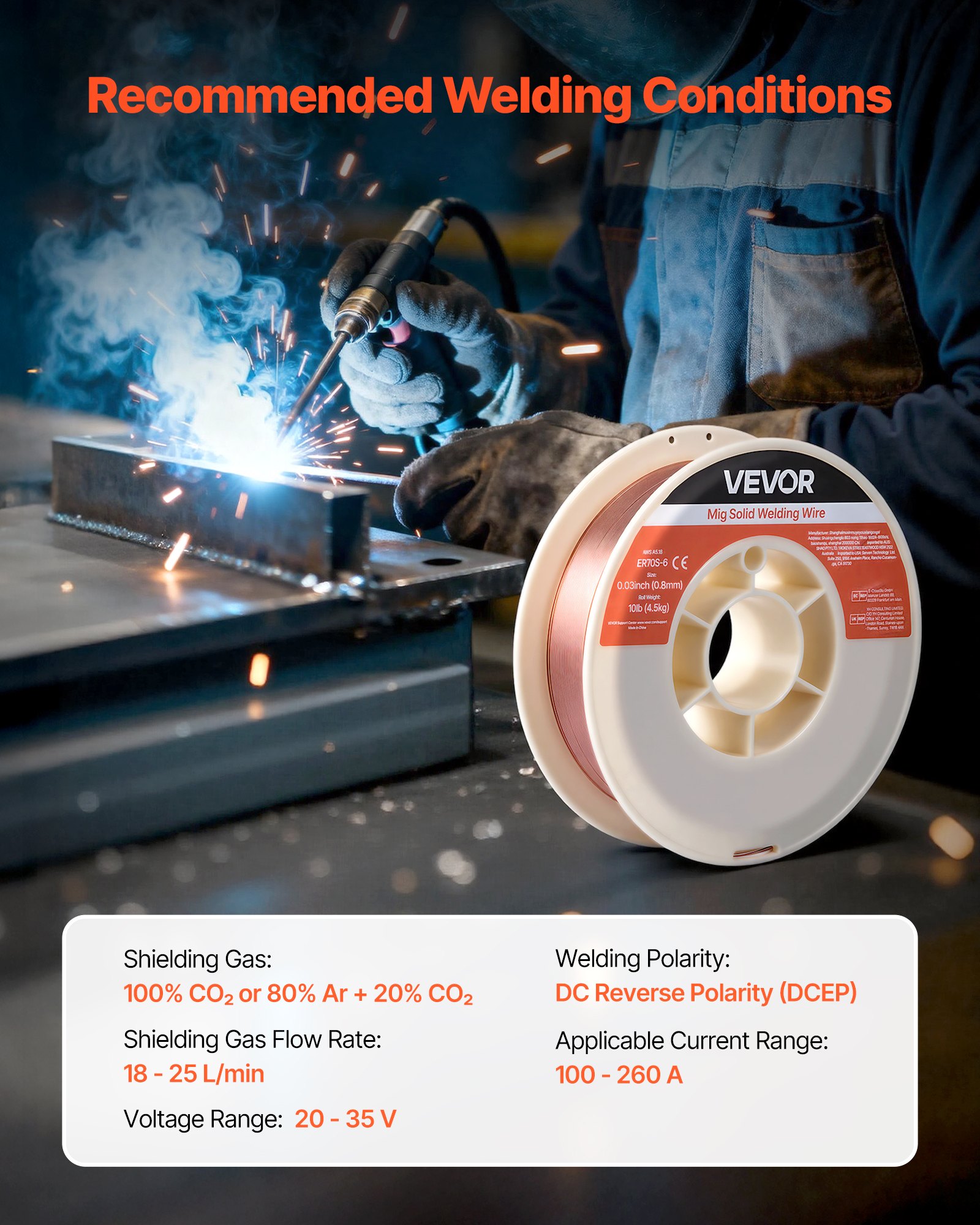 VEVOR Solid MIG Welding Wire, ER70S-6 0.8mm 4.5kg, Low Spatter Mild Steel Welding Wire with High Deoxidizers for All-Position Gas Shielded Welding