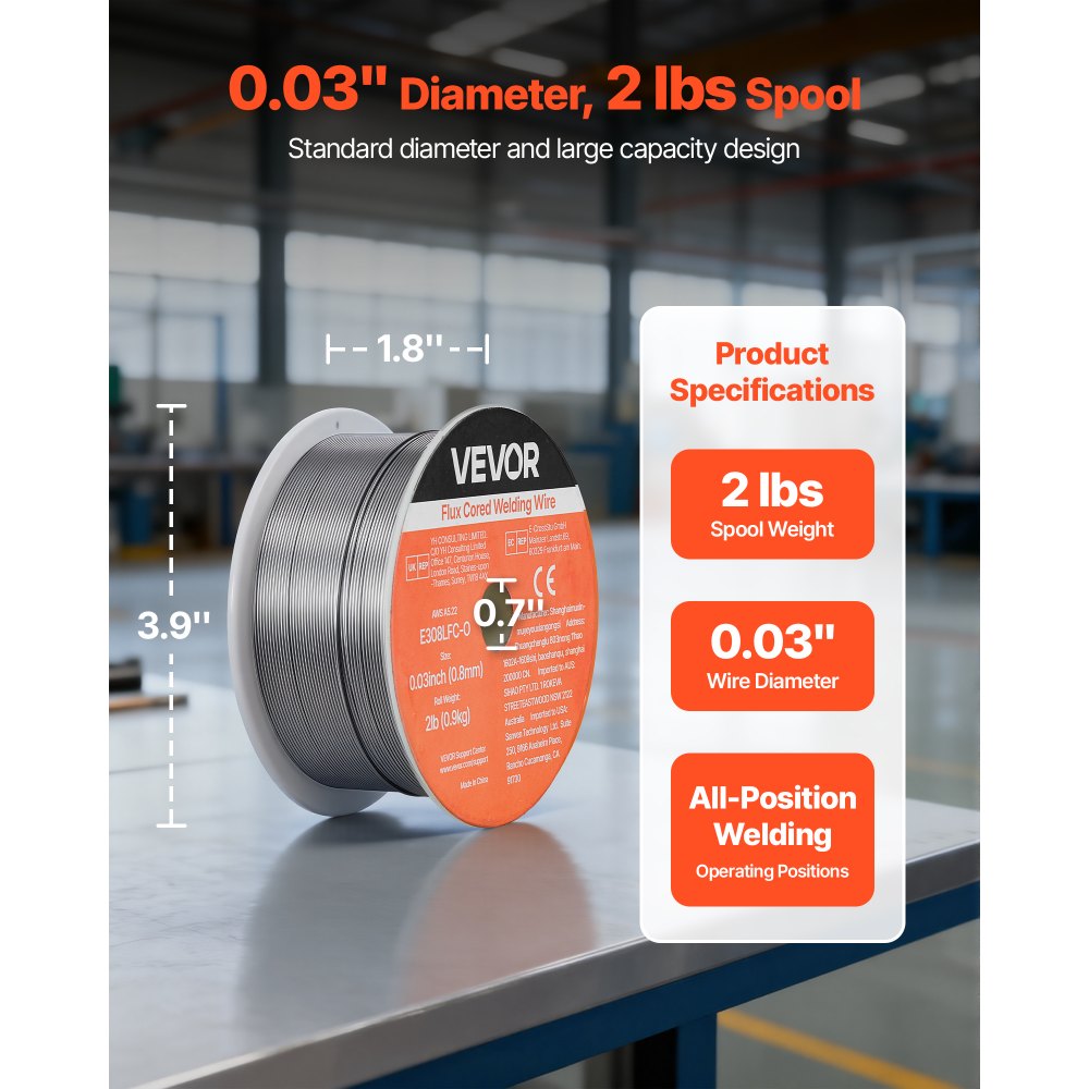 VEVOR Flux Core MIG Welding Wire, E308LFC-O 0.8mm 0.9kg, Gasless Stainless Steel Welding Wire with Low Spatter for All Position Arc Welding, Self-Shielded for Outdoor Use