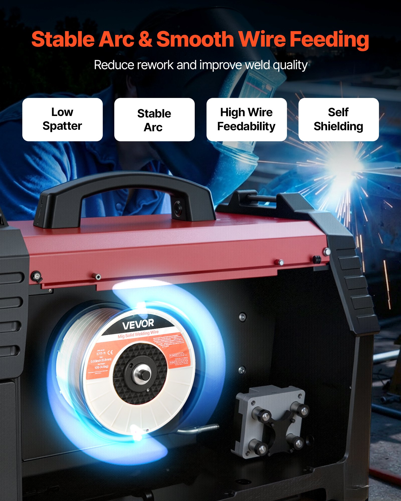 VEVOR Flux Core MIG Welding Wire, E71T-11 0.8mm 4.5kg, Gasless Mild Steel Welding Wire with Low Spatter for All Position Arc Welding, Self-Shielded for Outdoor Use