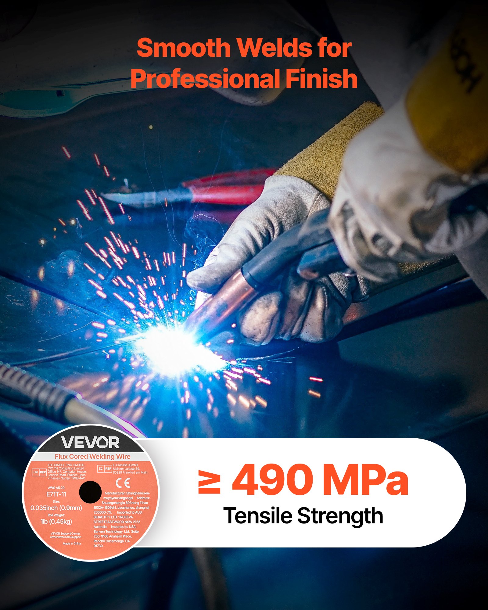 VEVOR Flux Core MIG Welding Wire, E71T-11 0.9mm 0.45kg, Gasless Mild Steel Welding Wire with Low Spatter for All Position Arc Welding, Self-Shielded for Outdoor Use (Pack of 2 Rolls)