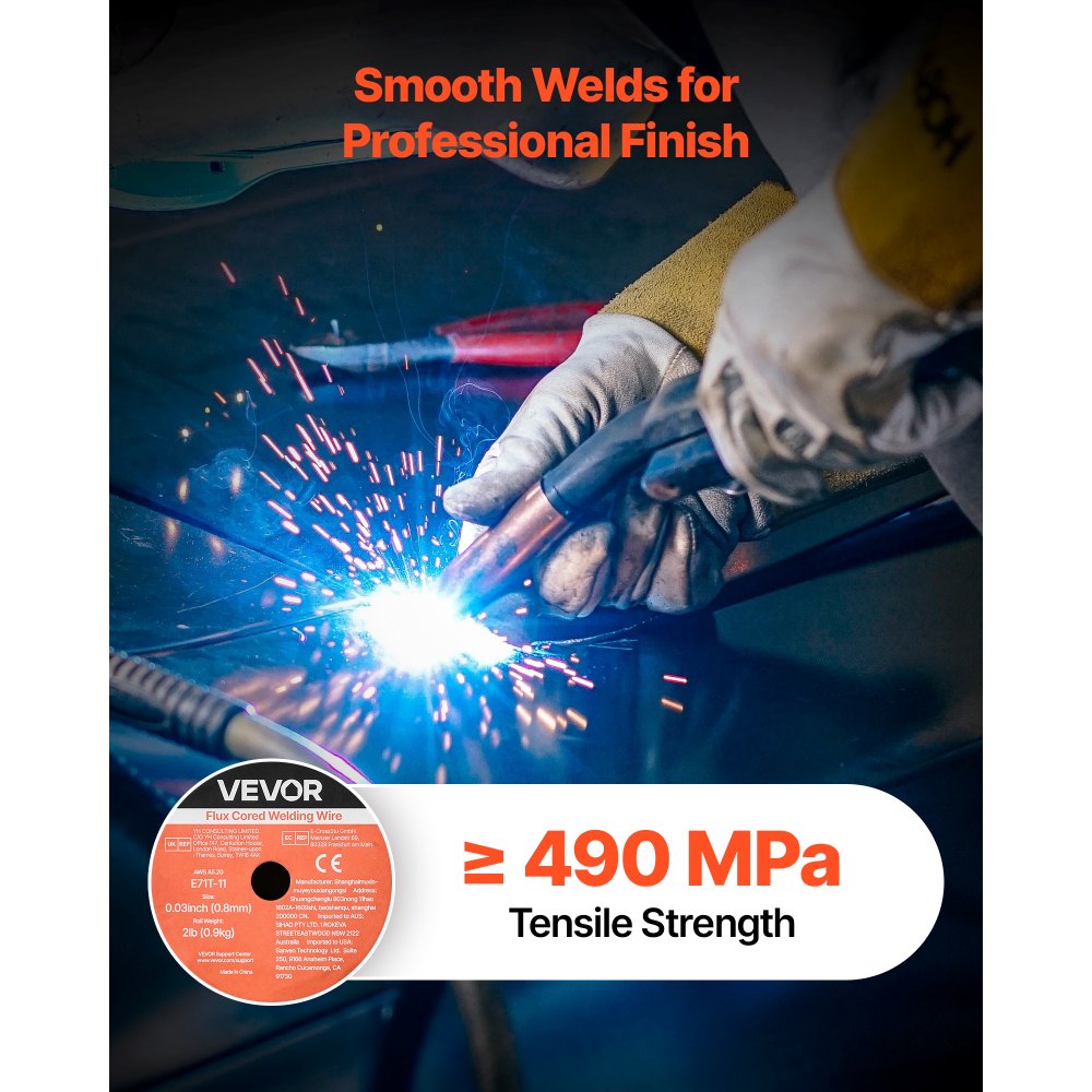 VEVOR Flux Core MIG Welding Wire, E71T-11 0.8mm 0.9kg, Gasless Mild Steel Welding Wire with Low Spatter for All Position Arc Welding, Self-Shielded for Outdoor Use