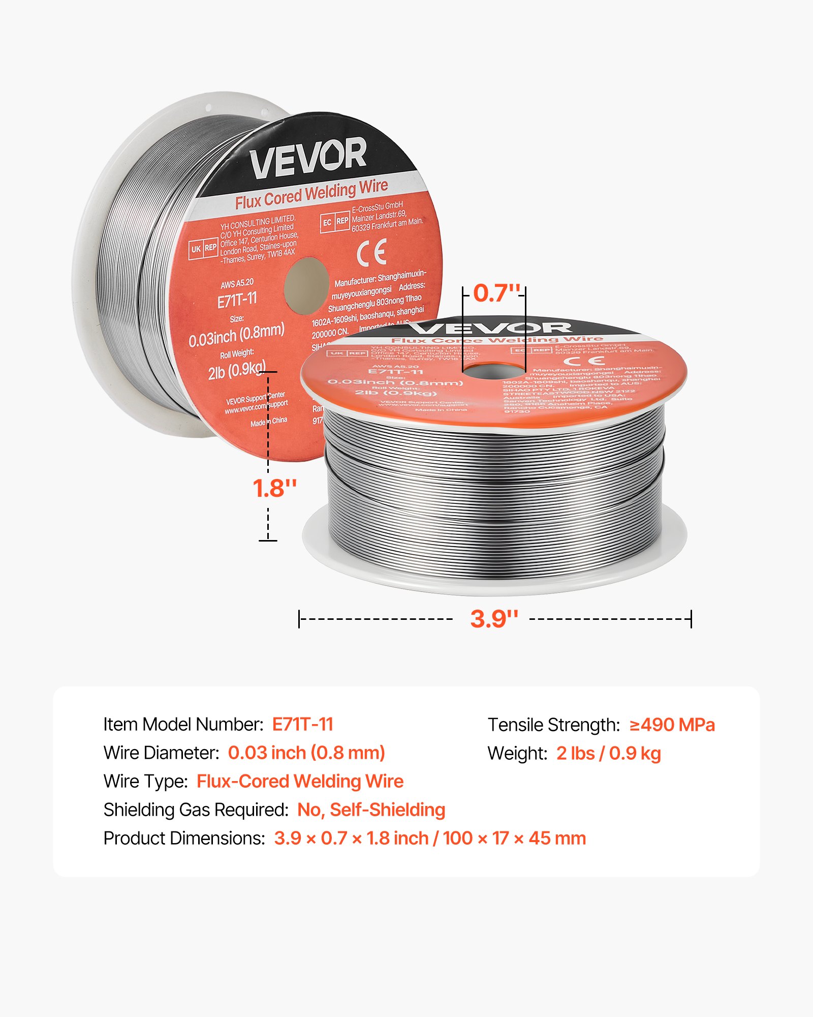 VEVOR Flux Core MIG Welding Wire, E71T-11 0.8mm 0.9kg, Gasless Mild Steel Welding Wire with Low Spatter for All Position Arc Welding, Self-Shielded for Outdoor Use