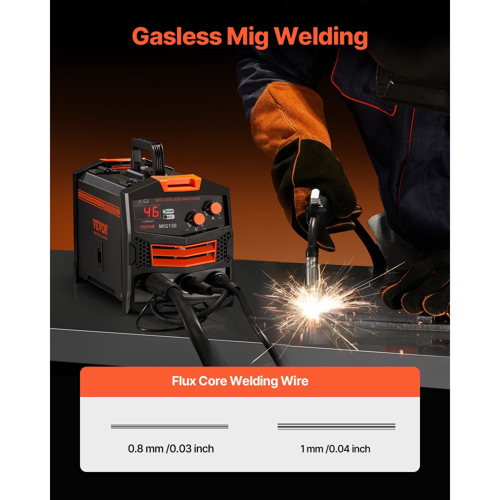 VEVOR MIG Welder, 130Amp Synergic Mig Welding Machine, Gasless Flux Core Welder Machine, Portable Mig Welder with IGBT Inverter Technology and Digital Display Screen