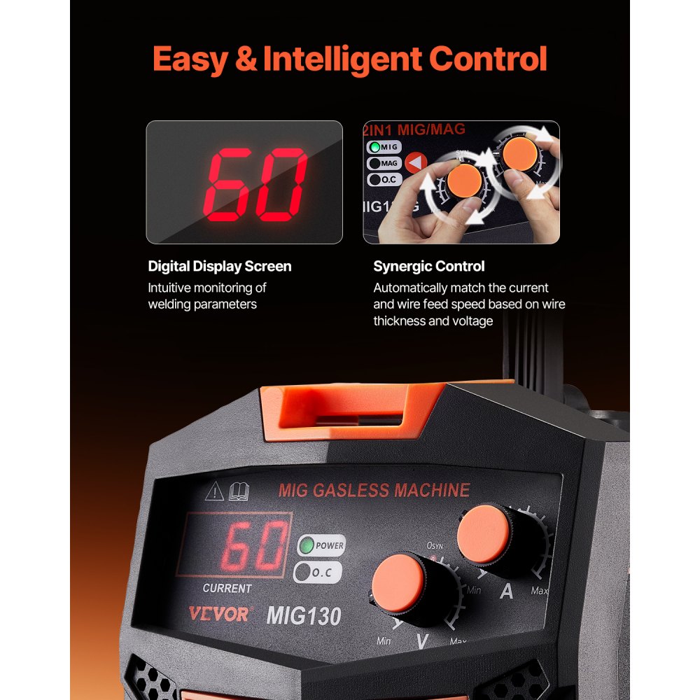 VEVOR MIG Welder, 130Amp Synergic Mig Welding Machine, Gasless Flux Core Welder Machine, Portable Mig Welder with IGBT Inverter Technology and Digital Display Screen