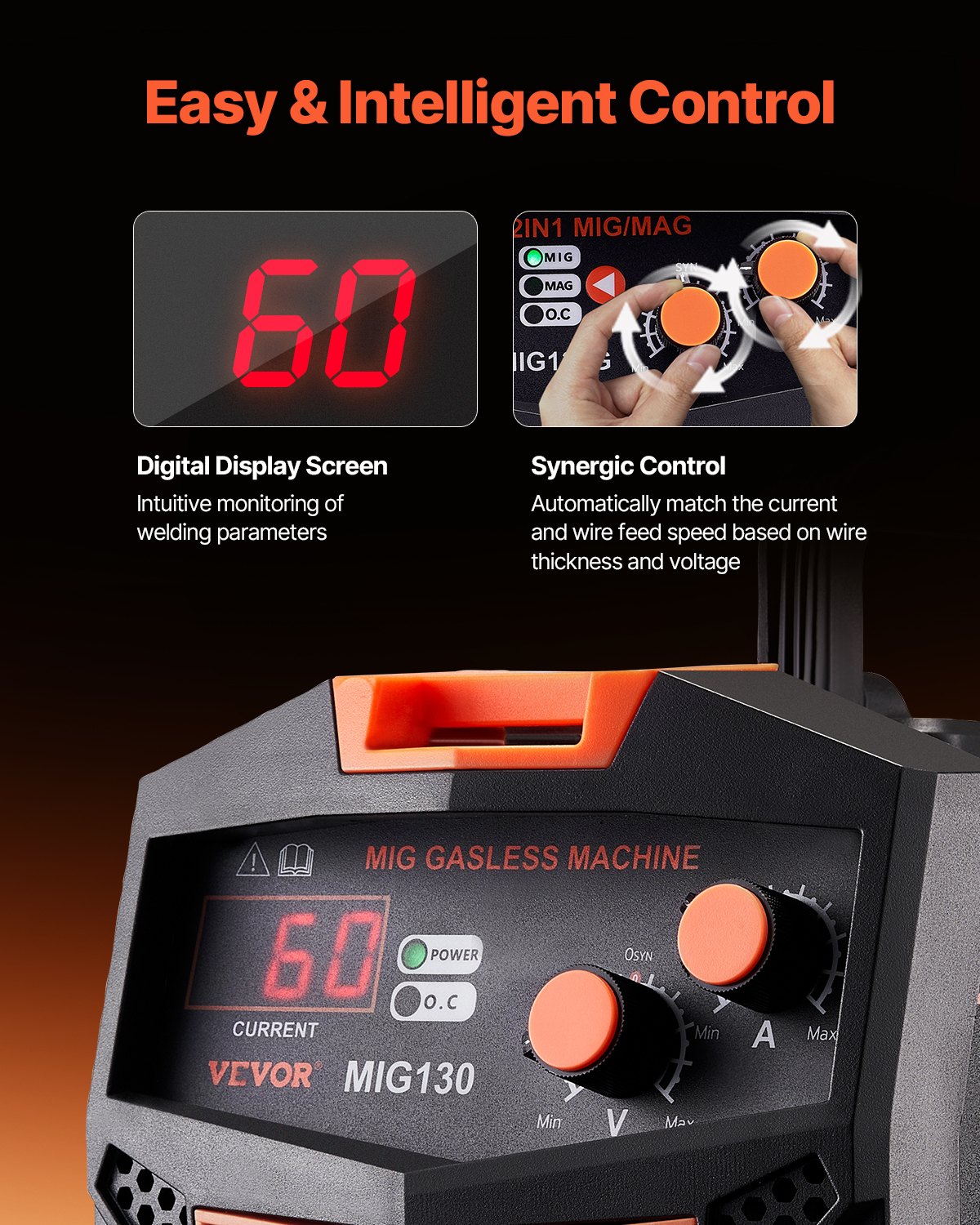 VEVOR MIG Welder, 130Amp Synergic Mig Welding Machine, Gasless Flux Core Welder Machine, Portable Mig Welder with IGBT Inverter Technology and Digital Display Screen