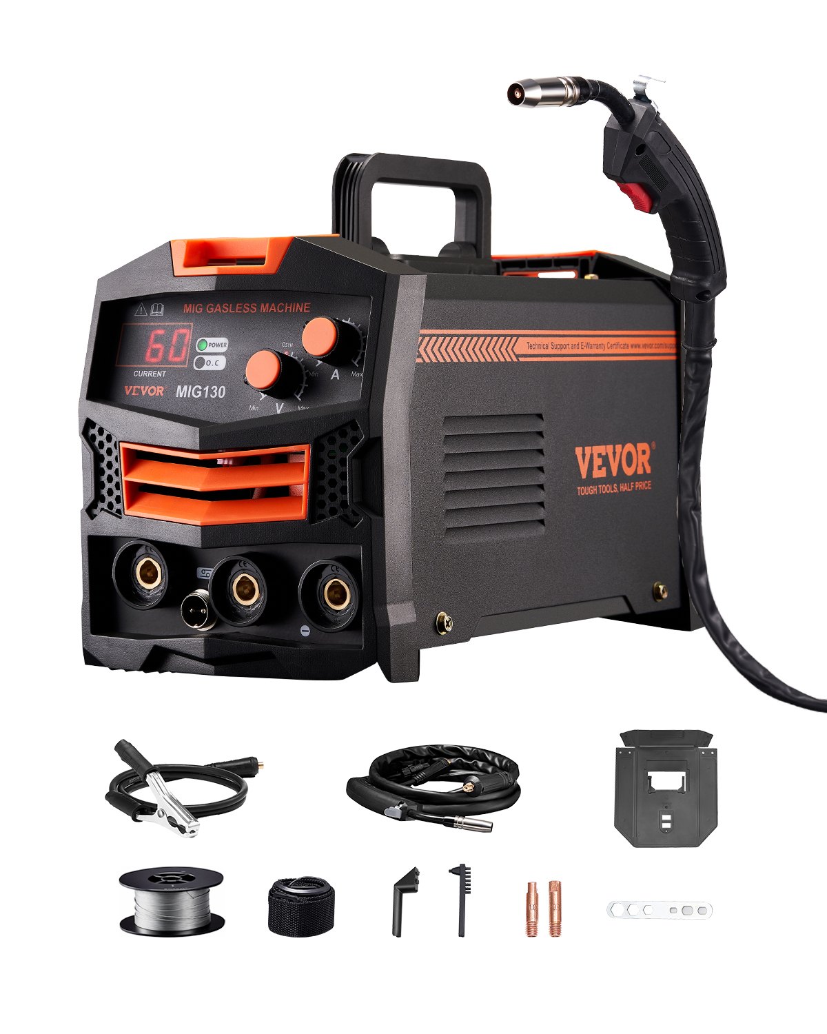 VEVOR MIG Welder, 130Amp Synergic Mig Welding Machine, Gasless Flux Core Welder Machine, Portable Mig Welder with IGBT Inverter Technology and Digital Display Screen